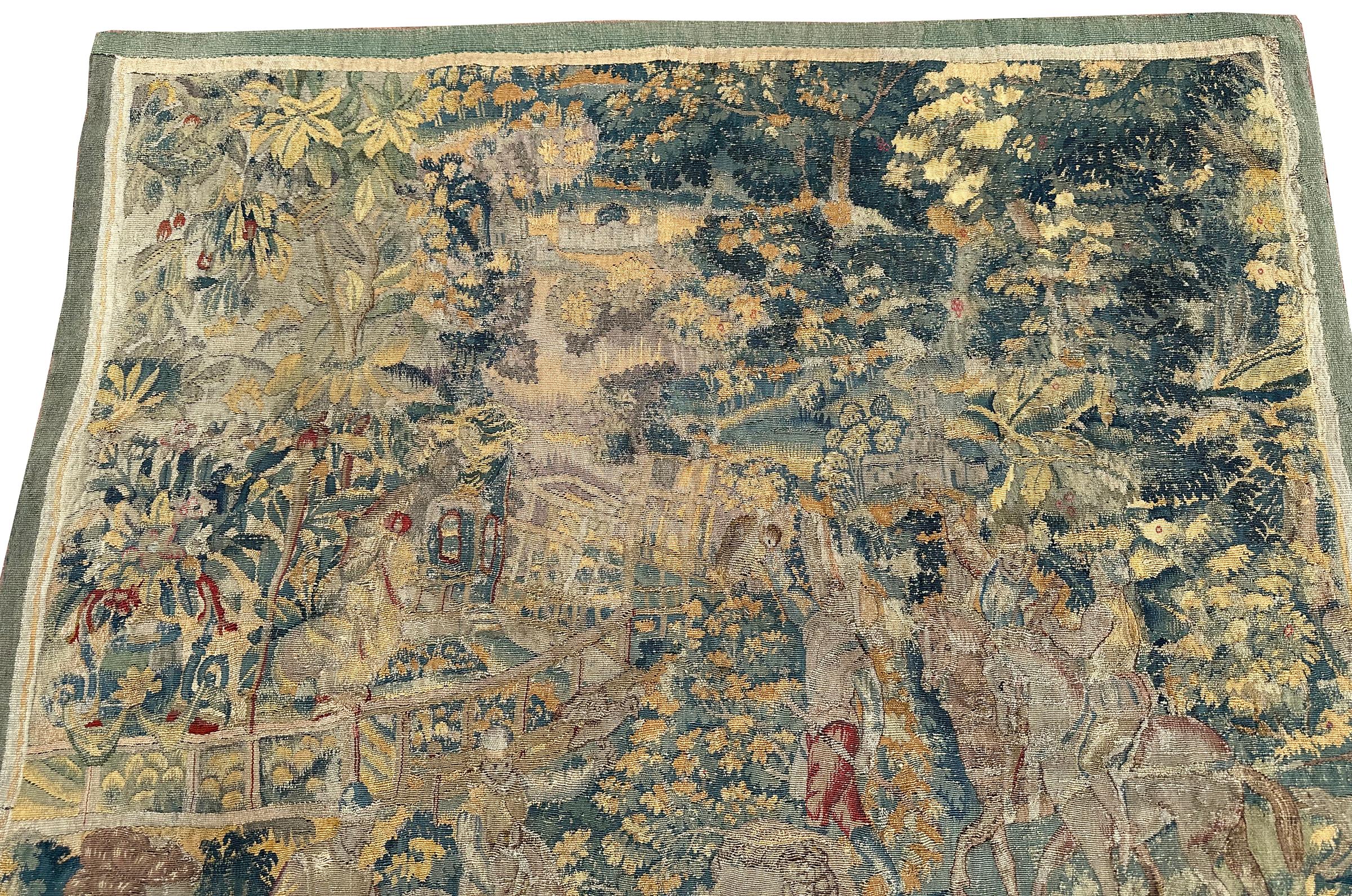 17th century Antique Flemish Tapestry Wool & Silk Verdure Art Nouveau 4x6ft For Sale 3
