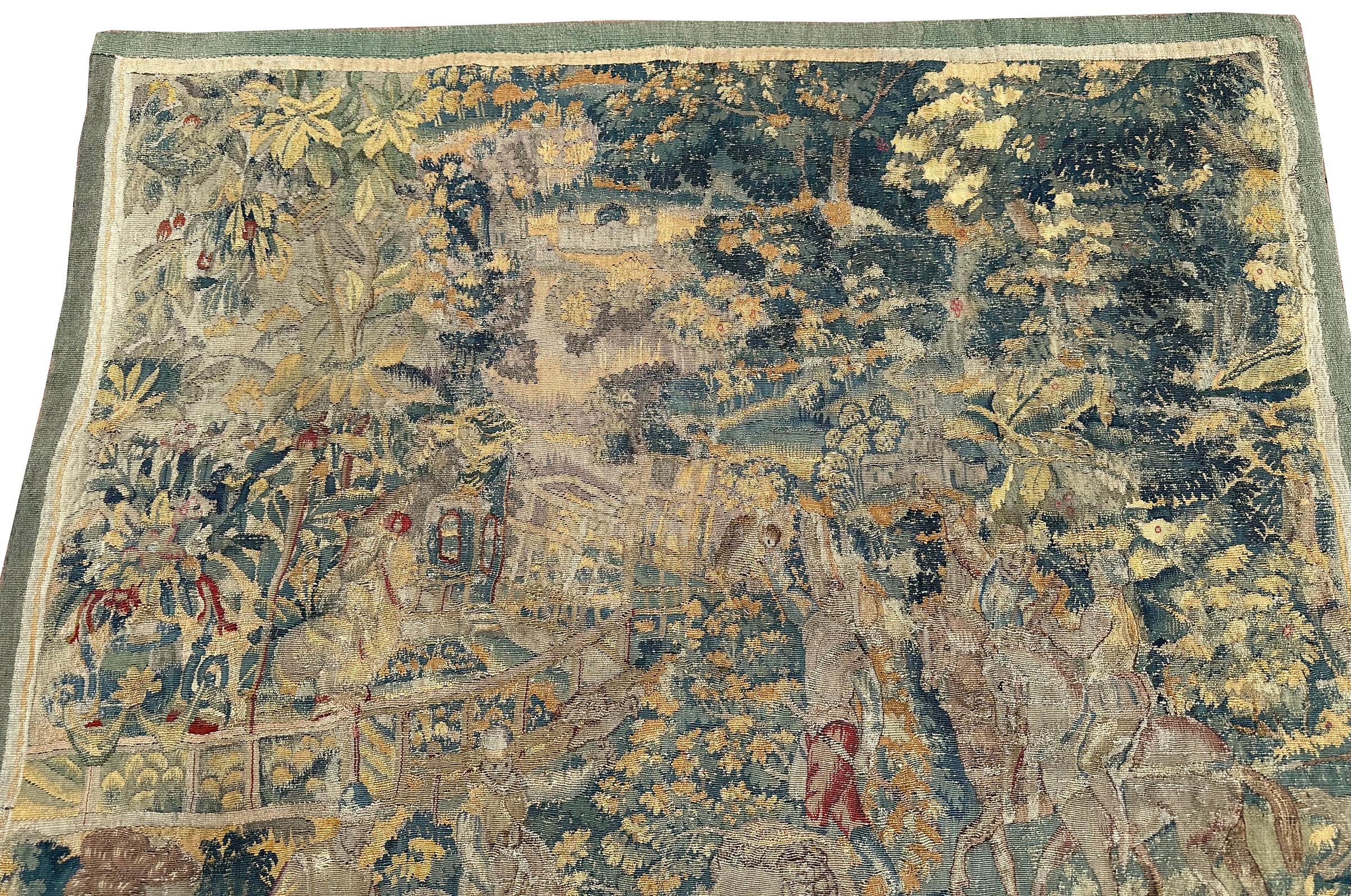 17. Jahrhundert Antike Flemish Tapestry Wolle & Seide Verdure Art Nouveau 4x6ft im Angebot 3