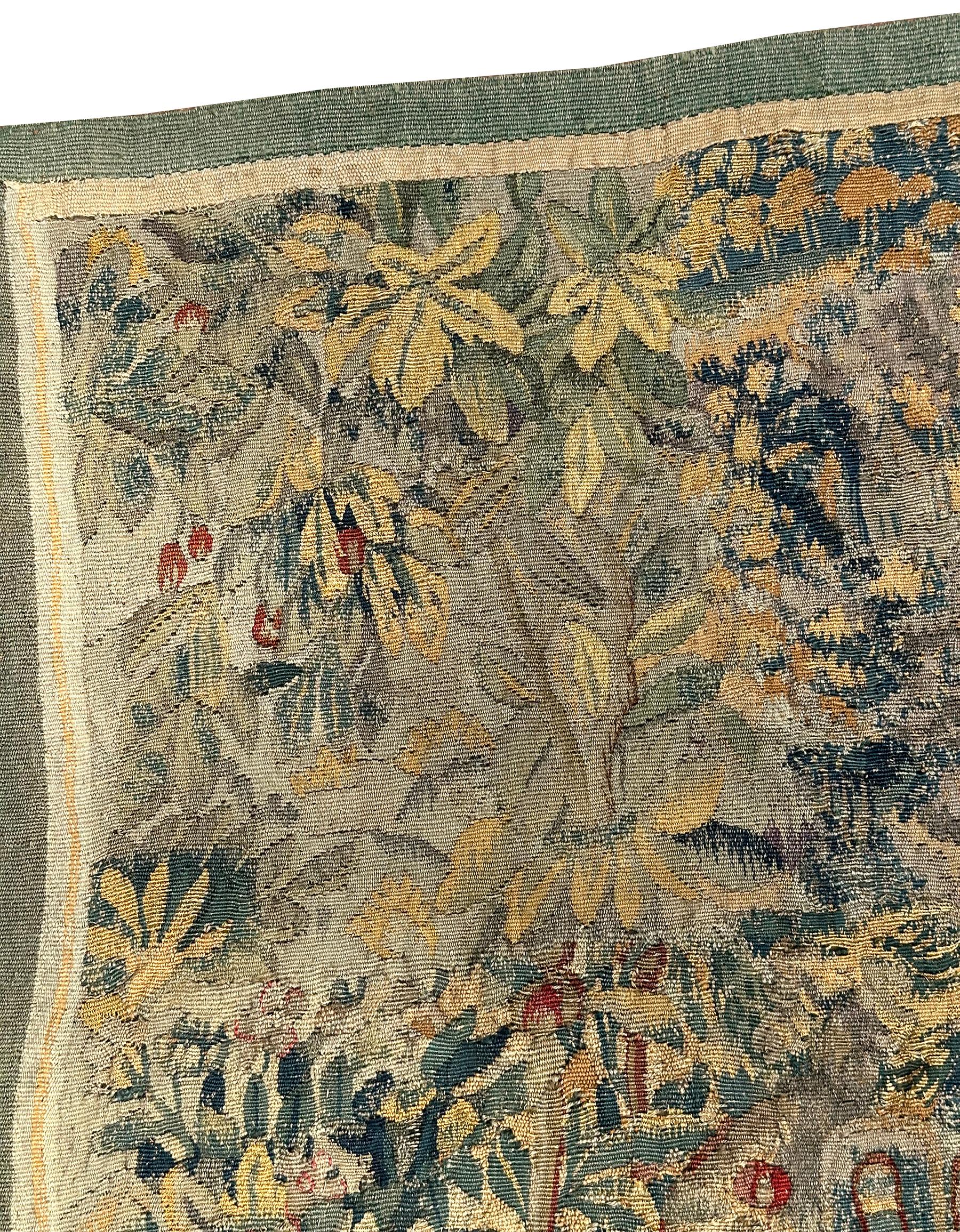 17th century Antique Flemish Tapestry Wool & Silk Verdure Art Nouveau 4x6ft For Sale 4