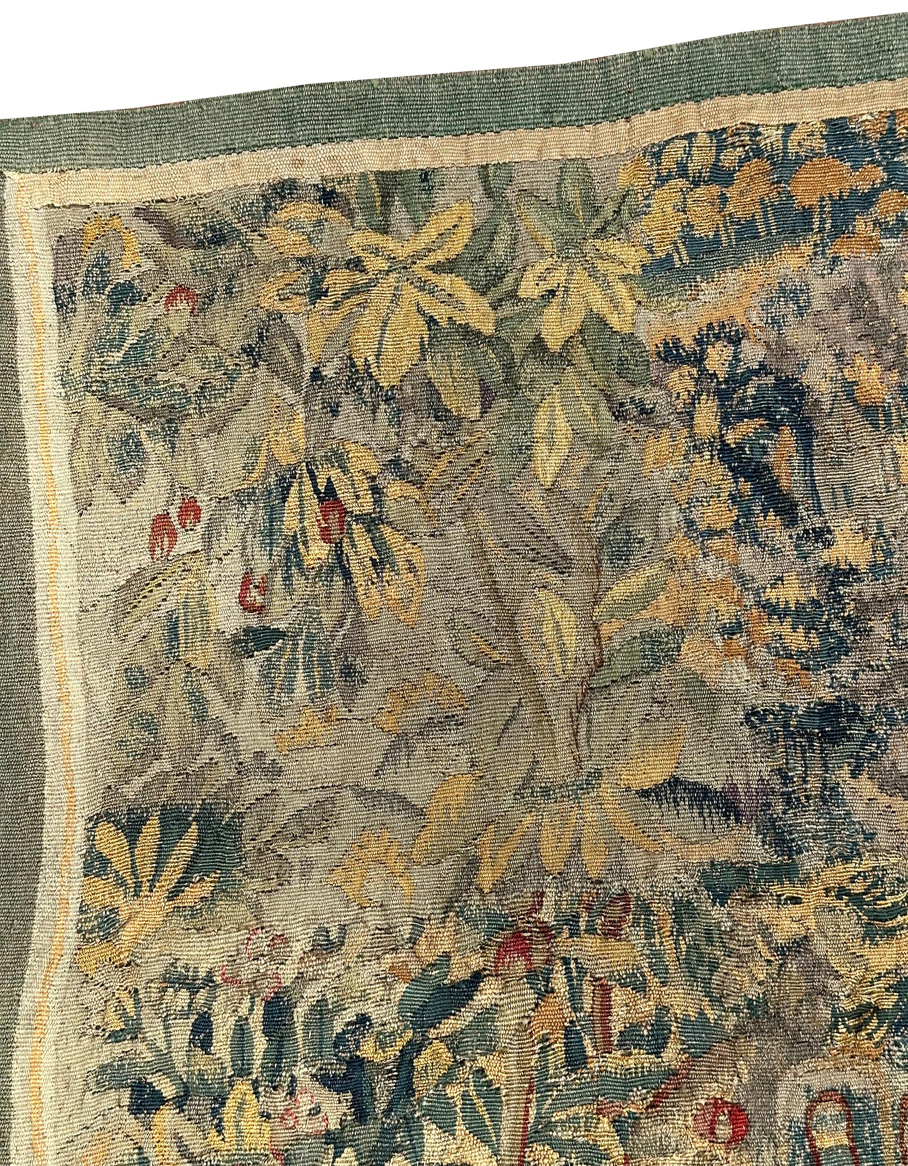 17. Jahrhundert Antike Flemish Tapestry Wolle & Seide Verdure Art Nouveau 4x6ft im Angebot 4