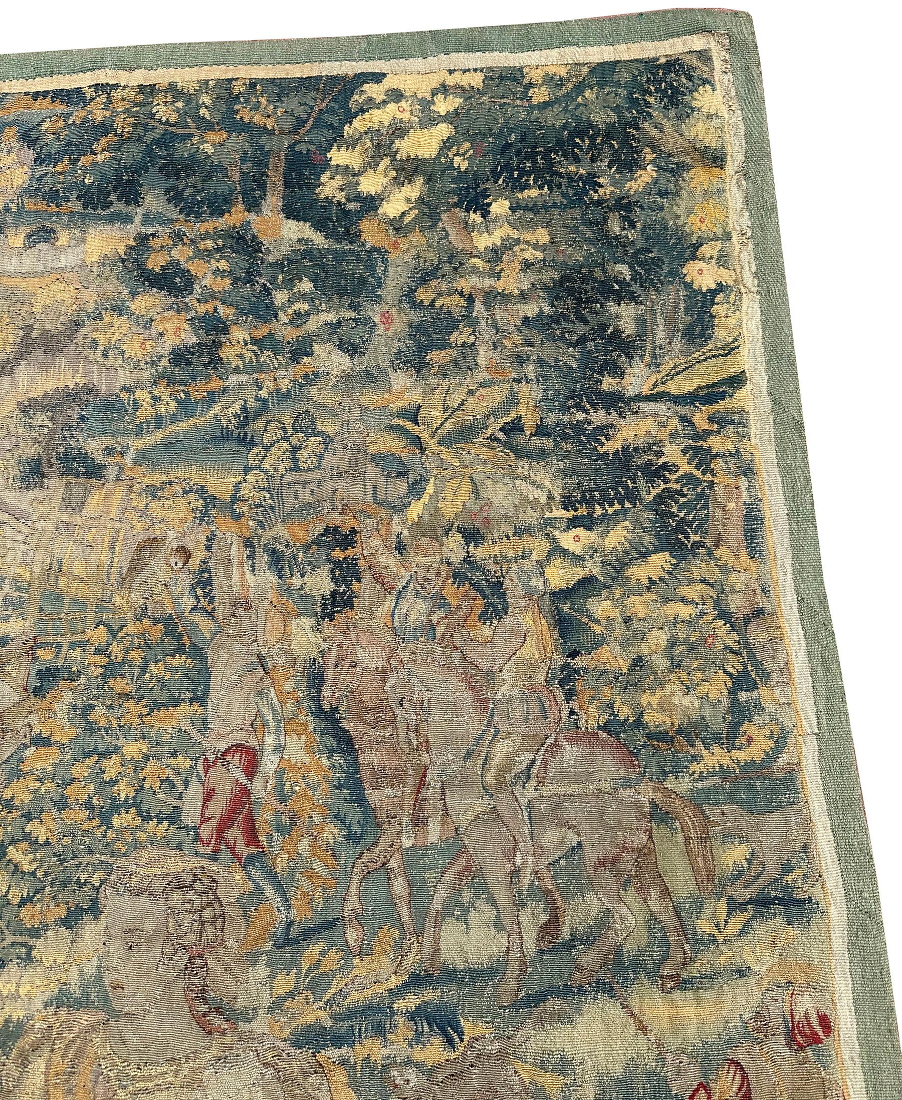 17. Jahrhundert Antike Flemish Tapestry Wolle & Seide Verdure Art Nouveau 4x6ft im Angebot 5