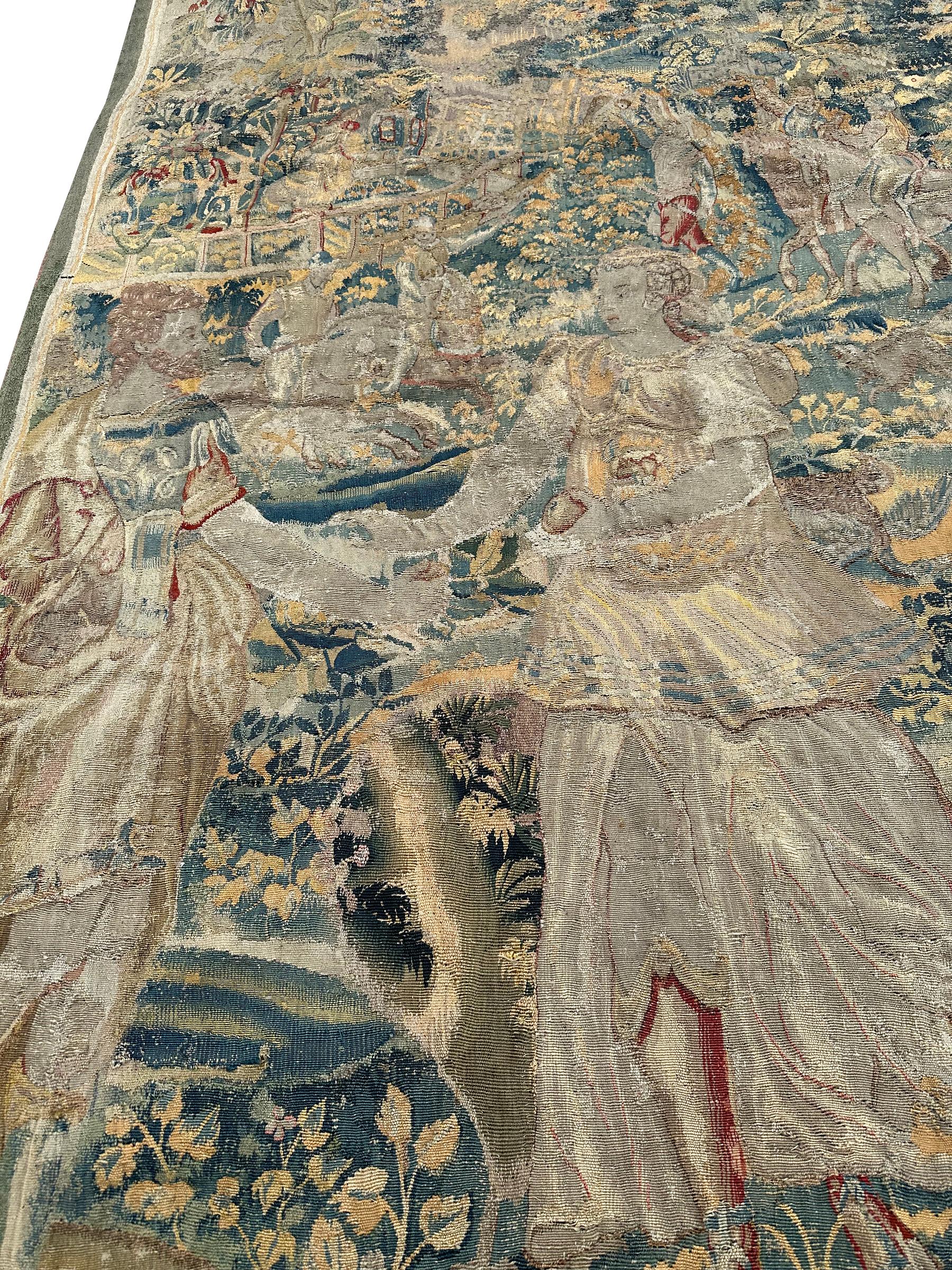 Baroque 17th century Antique Flemish Tapestry Wool & Silk Verdure Art Nouveau 4x6ft For Sale