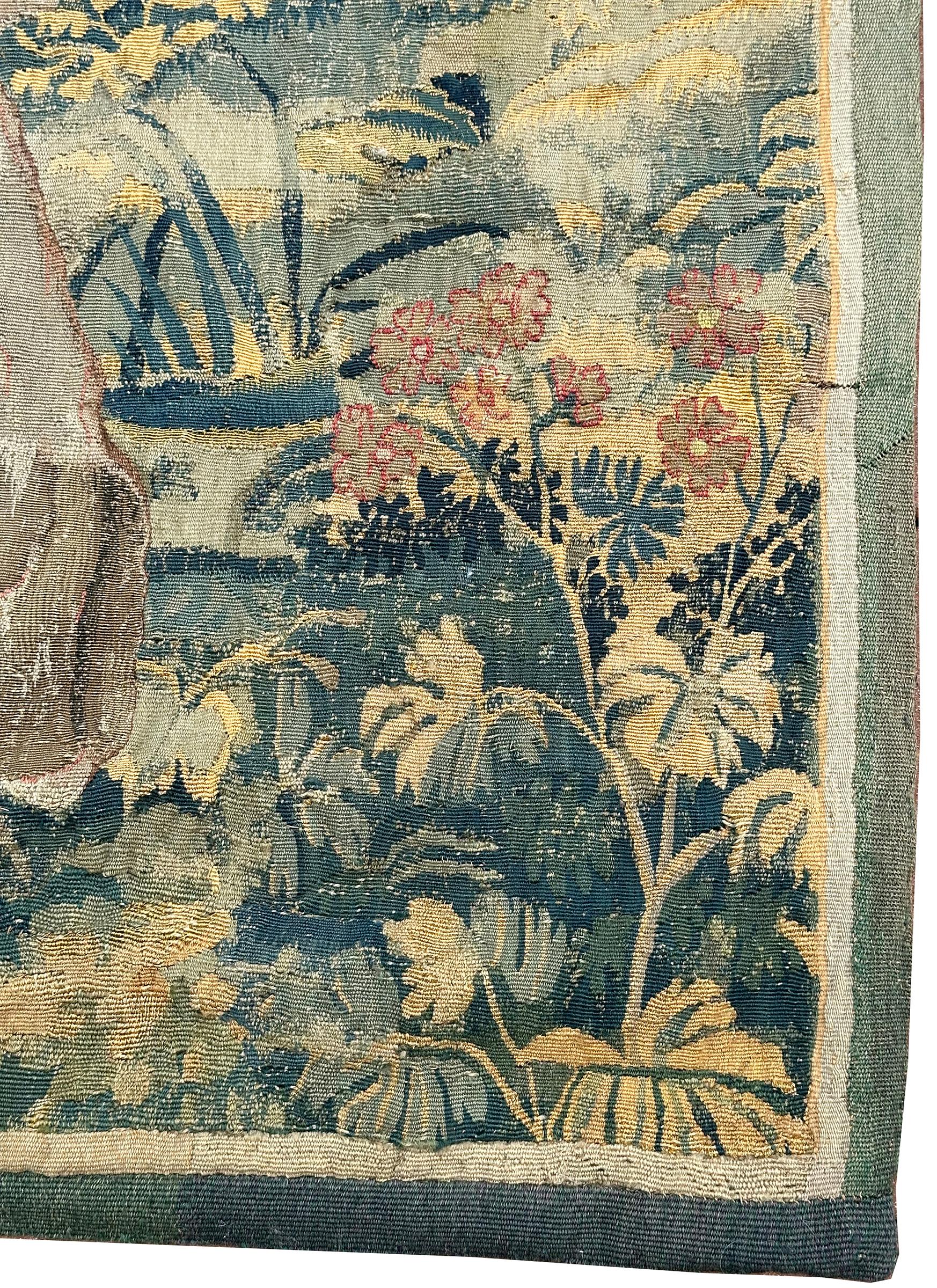 French 17th century Antique Flemish Tapestry Wool & Silk Verdure Art Nouveau 4x6ft For Sale