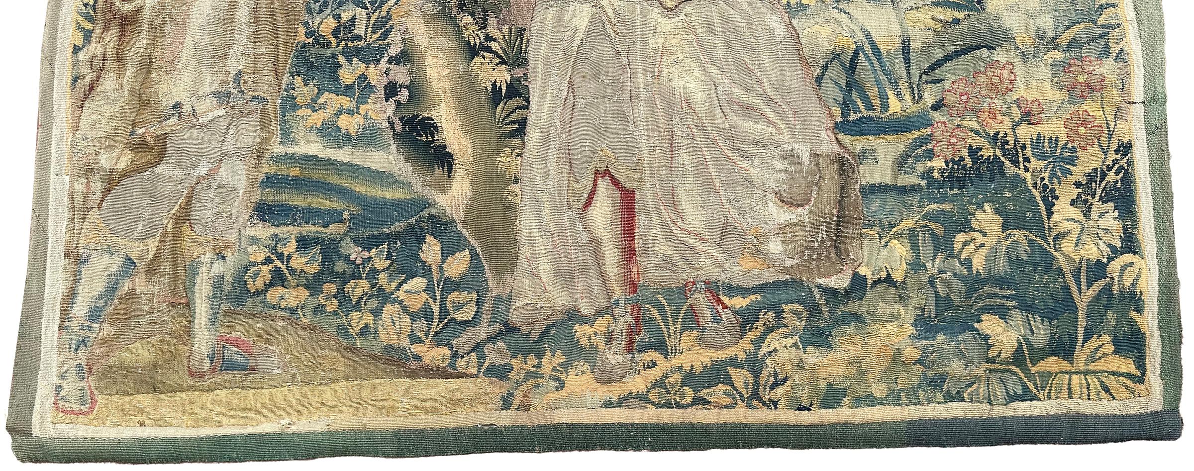 Hand-Woven 17th century Antique Flemish Tapestry Wool & Silk Verdure Art Nouveau 4x6ft For Sale