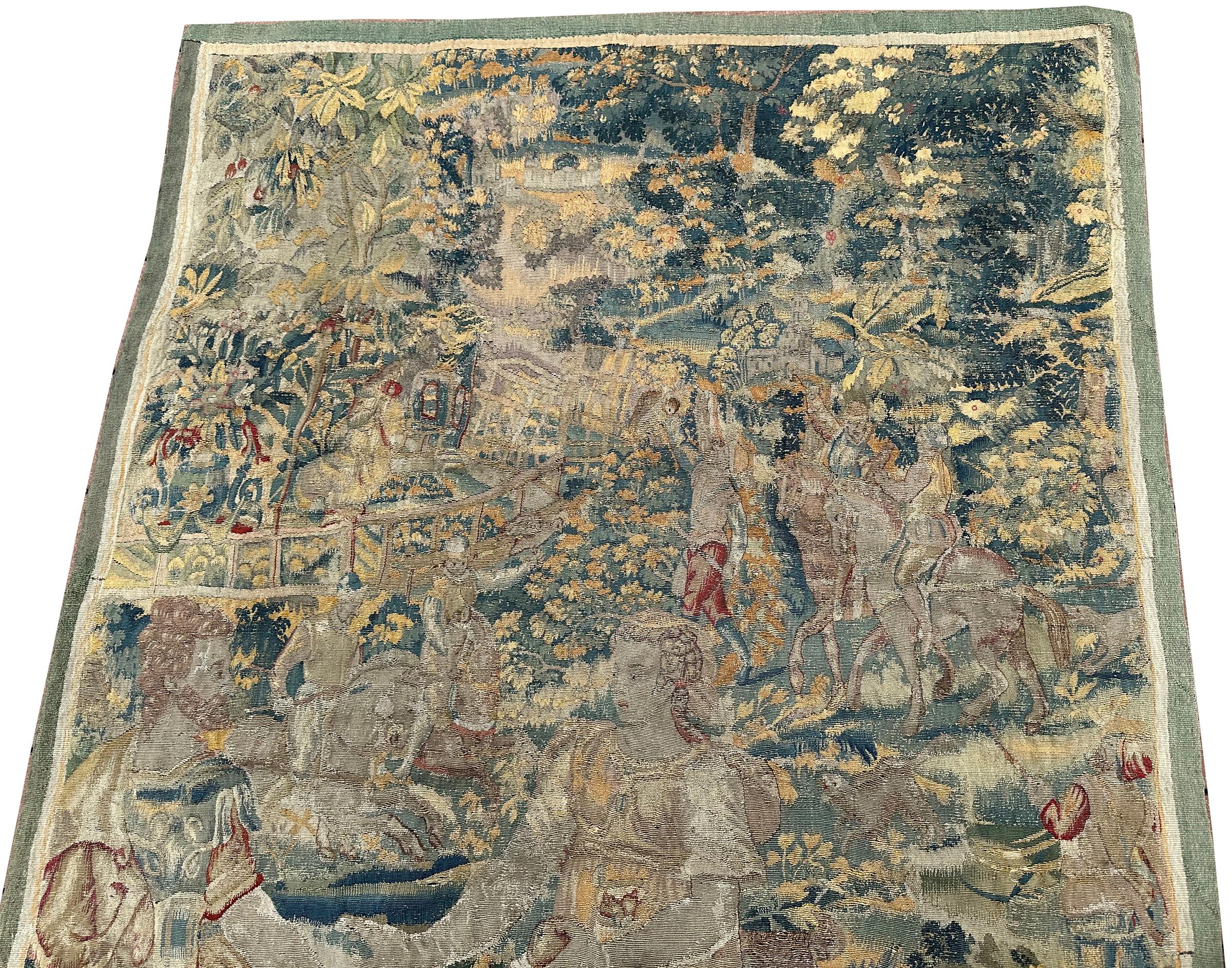 17. Jahrhundert Antike Flemish Tapestry Wolle & Seide Verdure Art Nouveau 4x6ft im Zustand „Gut“ im Angebot in New York, NY