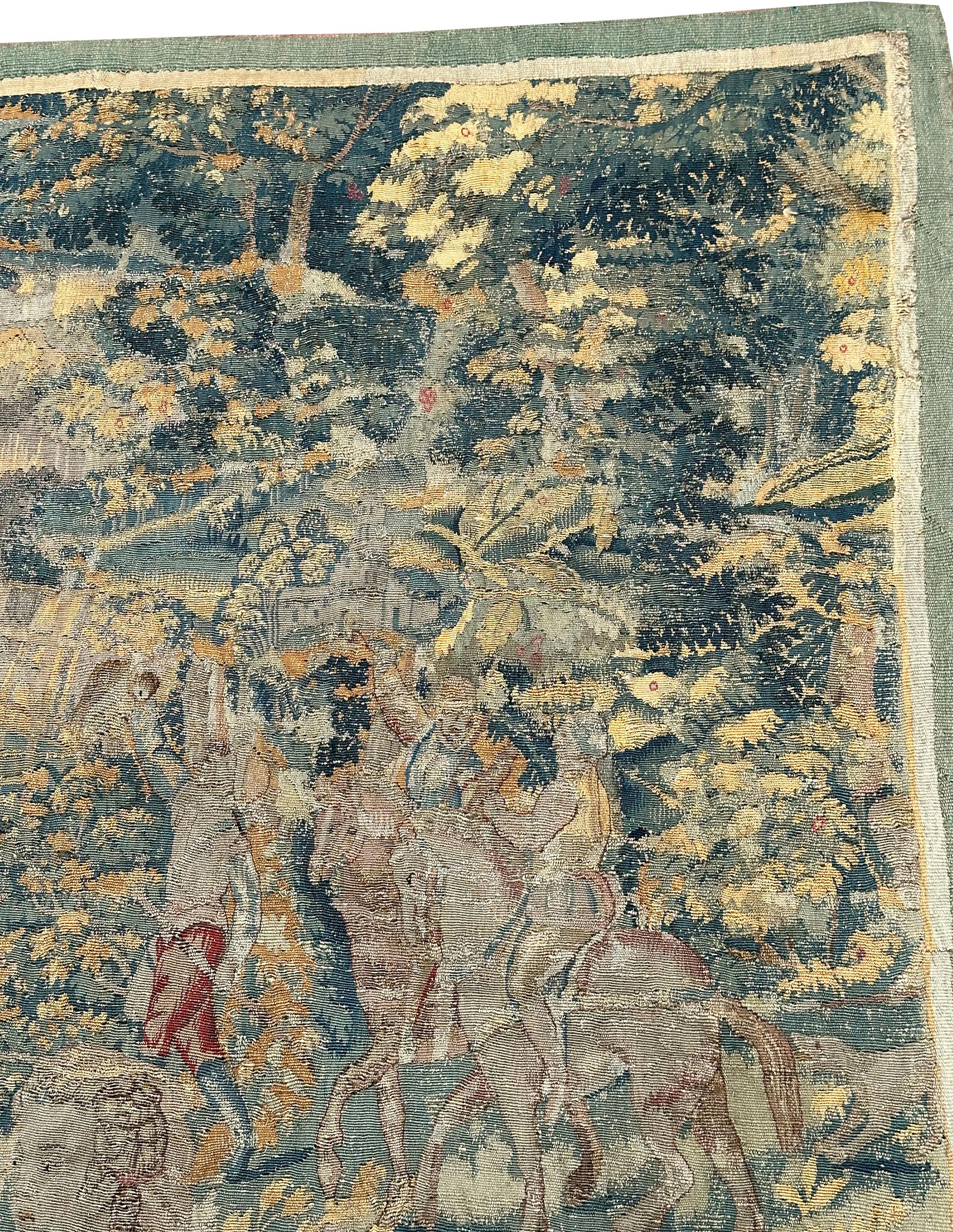 17. Jahrhundert Antike Flemish Tapestry Wolle & Seide Verdure Art Nouveau 4x6ft im Angebot 1