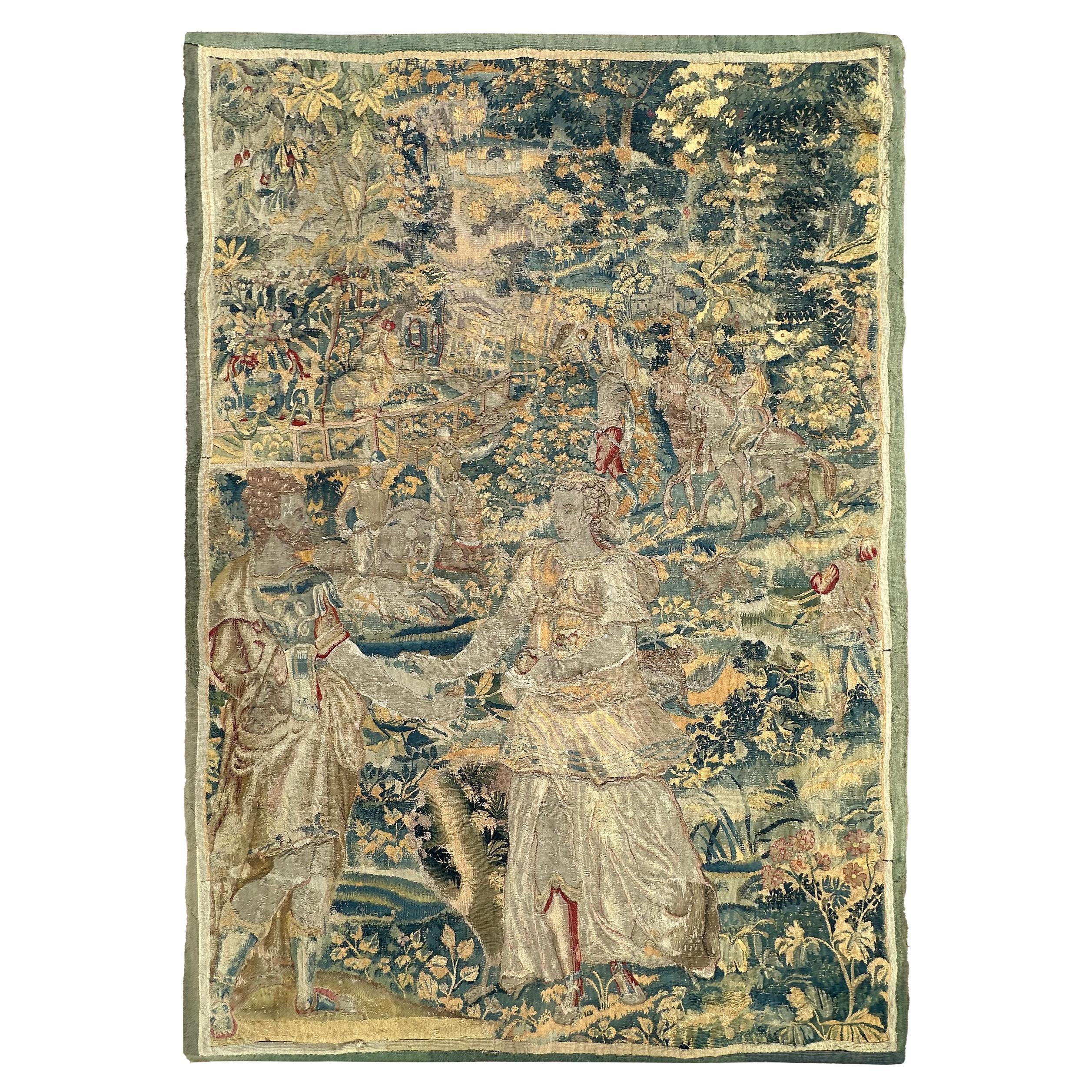 17th century Antique Flemish Tapestry Wool & Silk Verdure Art Nouveau 4x6ft For Sale