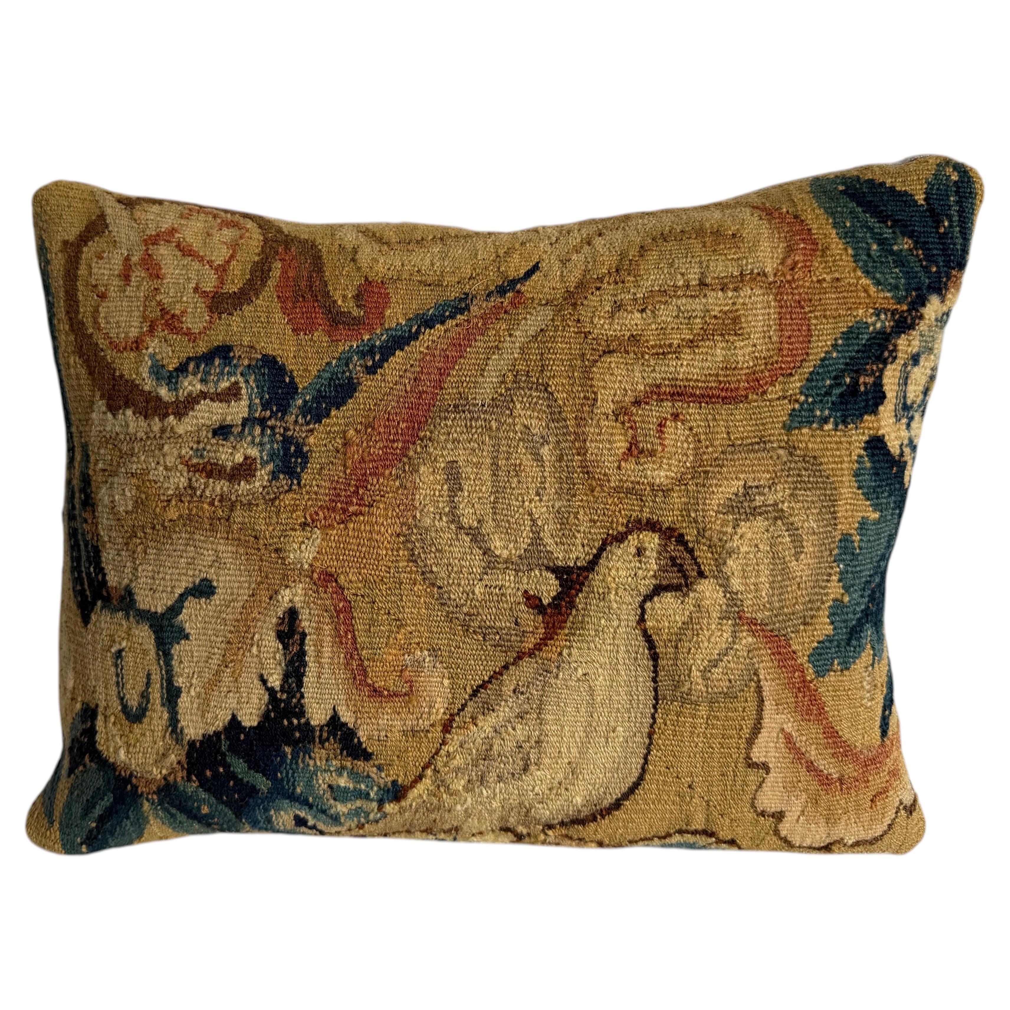 17th Century Antique Flemish Verdure Decorative Tapestry Pillow