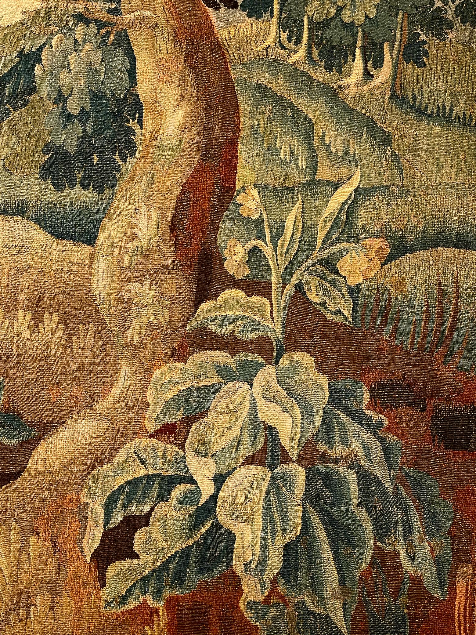 17th Century Antique Flemish Verdure Tapestry w/ Trees & bird For Sale 3