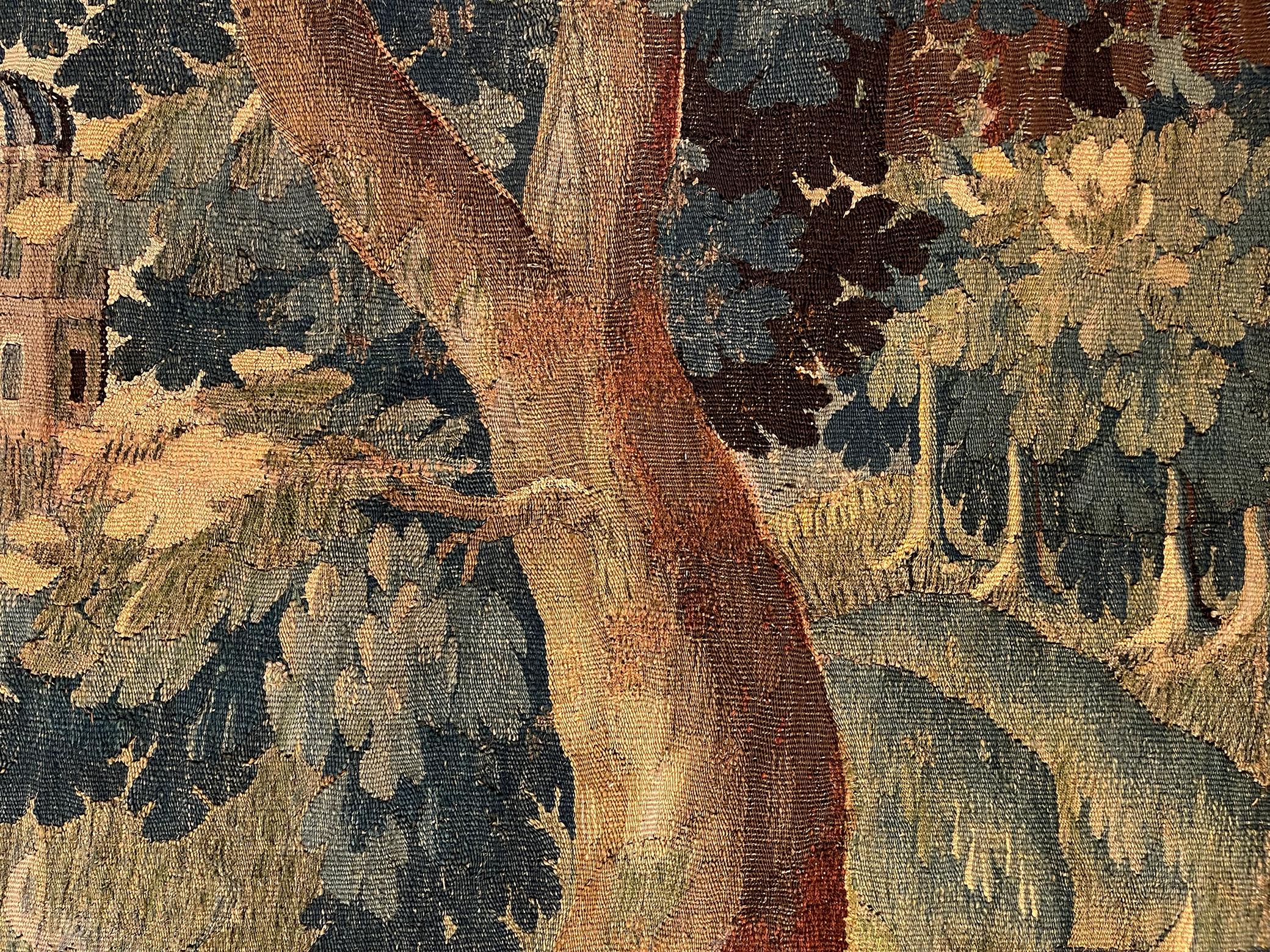 17th Century Antique Flemish Verdure Tapestry w/ Trees & bird For Sale 4