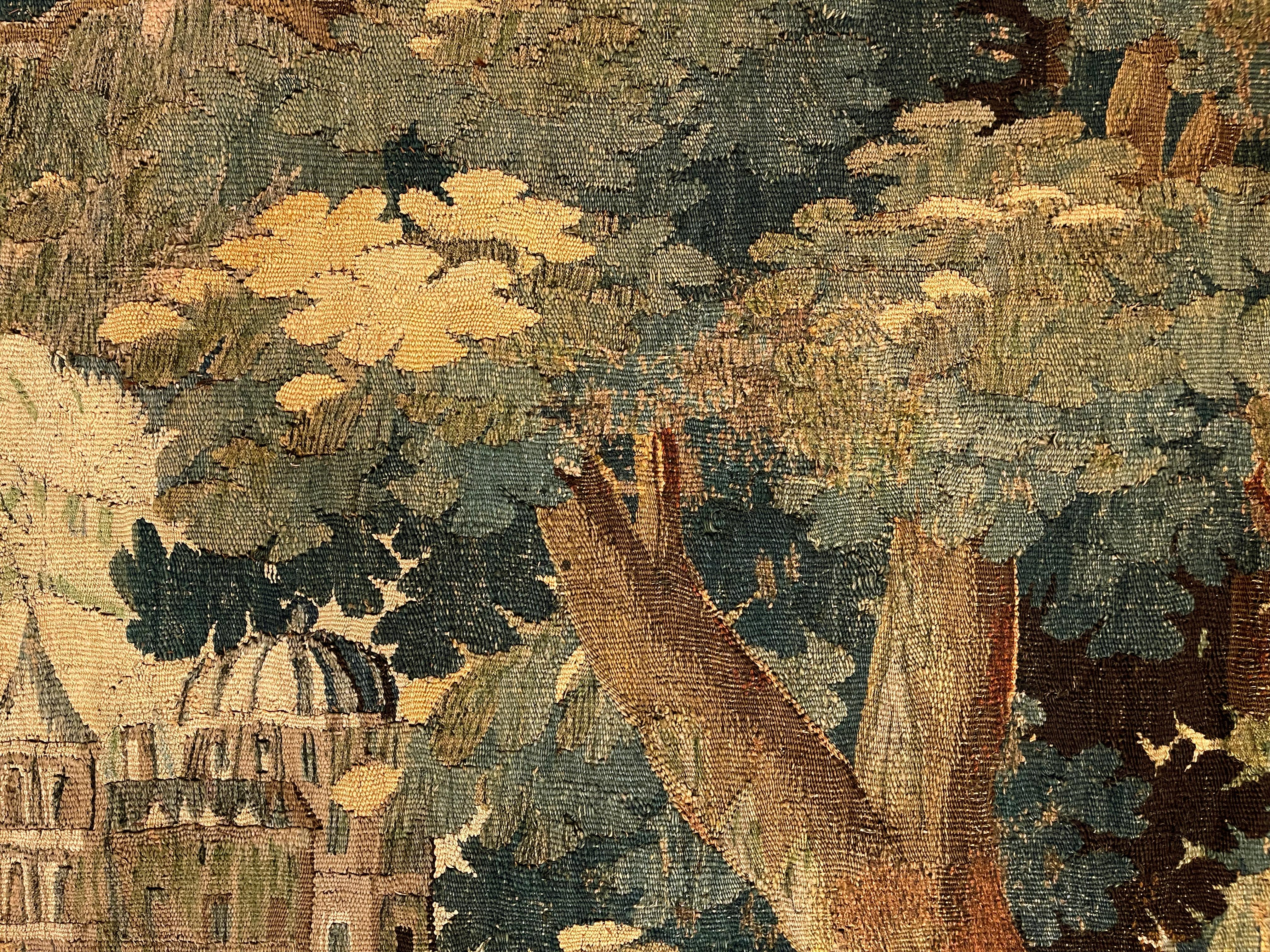 17th Century Antique Flemish Verdure Tapestry w/ Trees & bird For Sale 5
