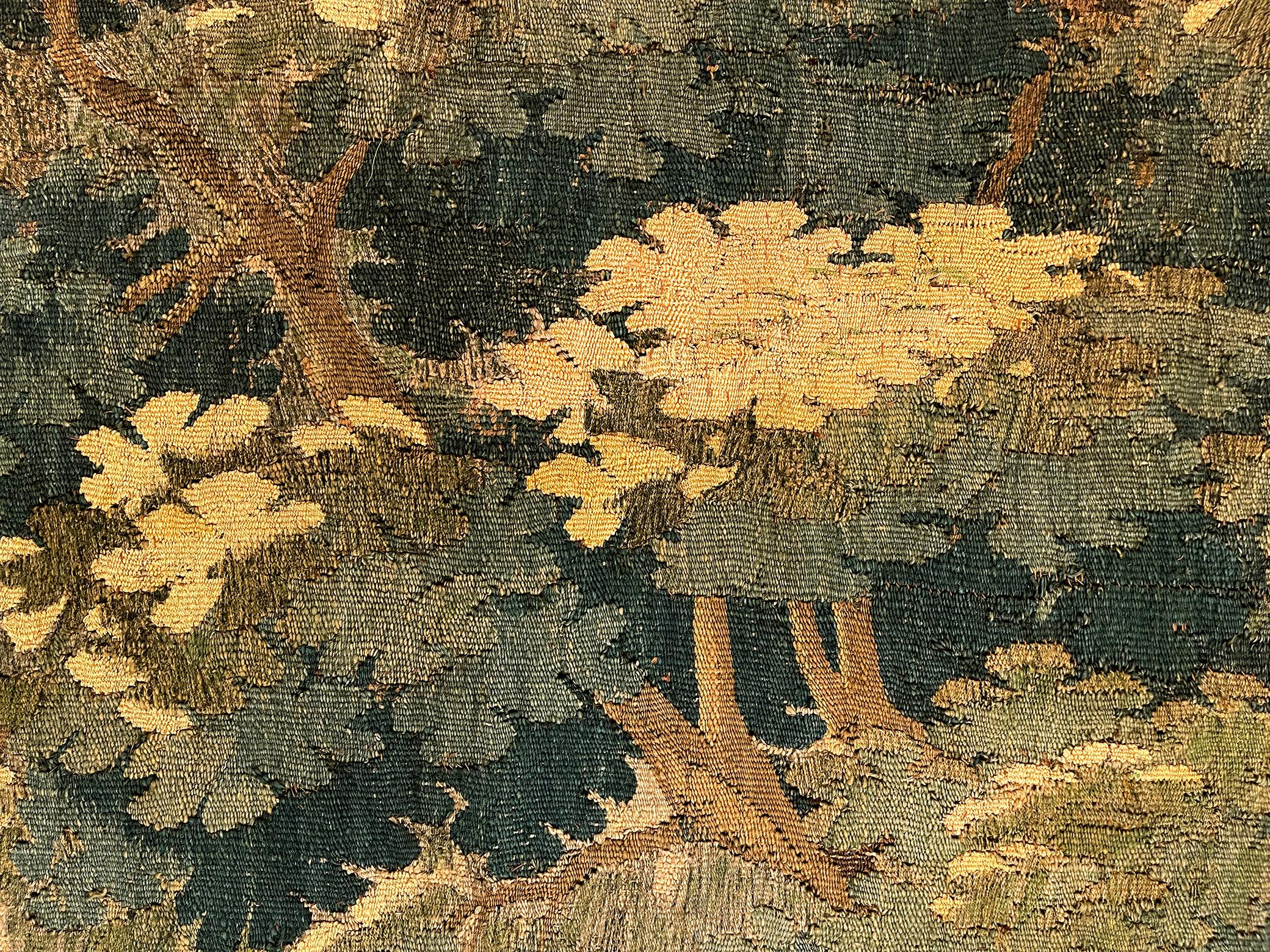 17th Century Antique Flemish Verdure Tapestry w/ Trees & bird For Sale 9