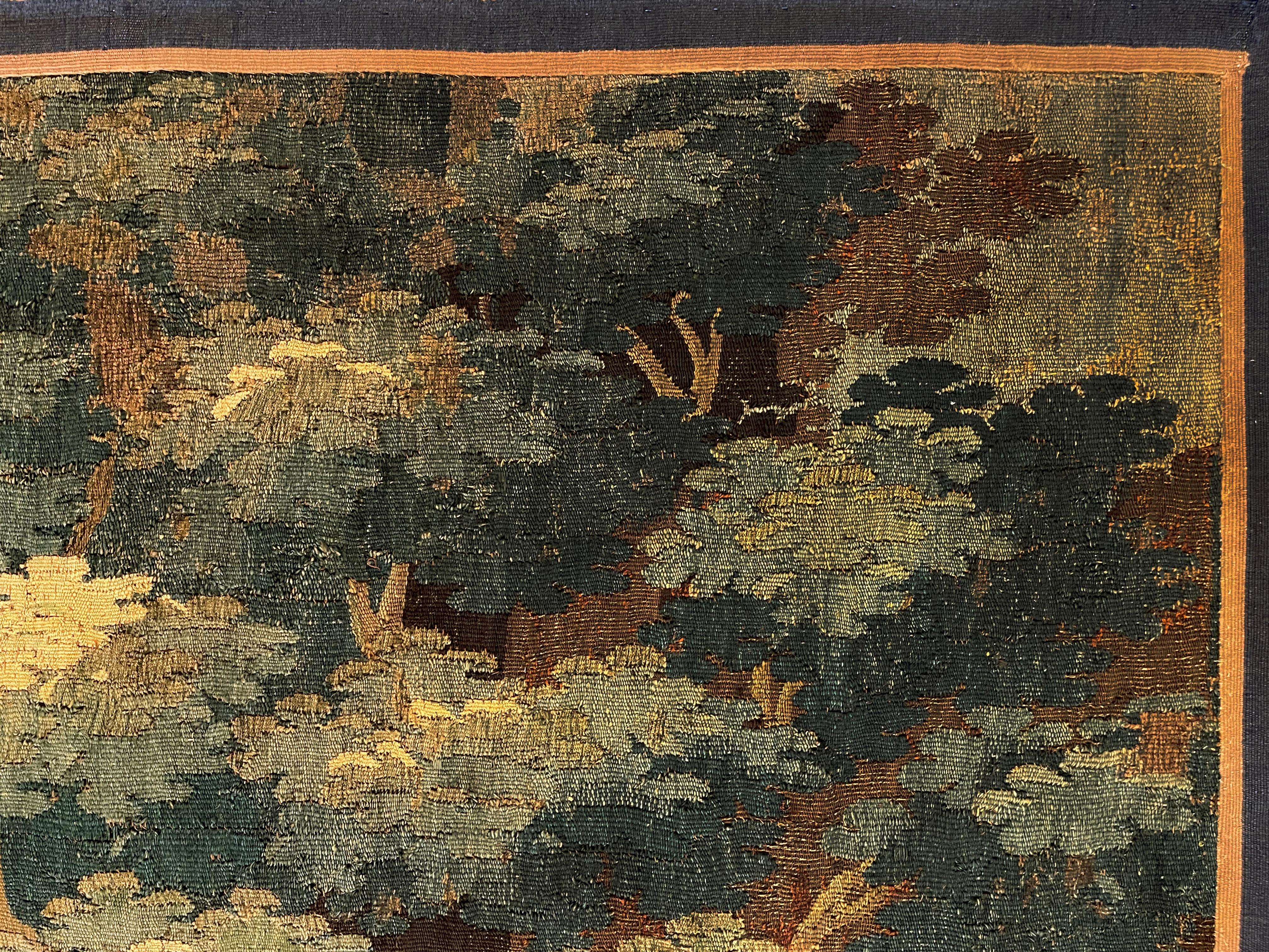 17th Century Antique Flemish Verdure Tapestry w/ Trees & bird For Sale 11