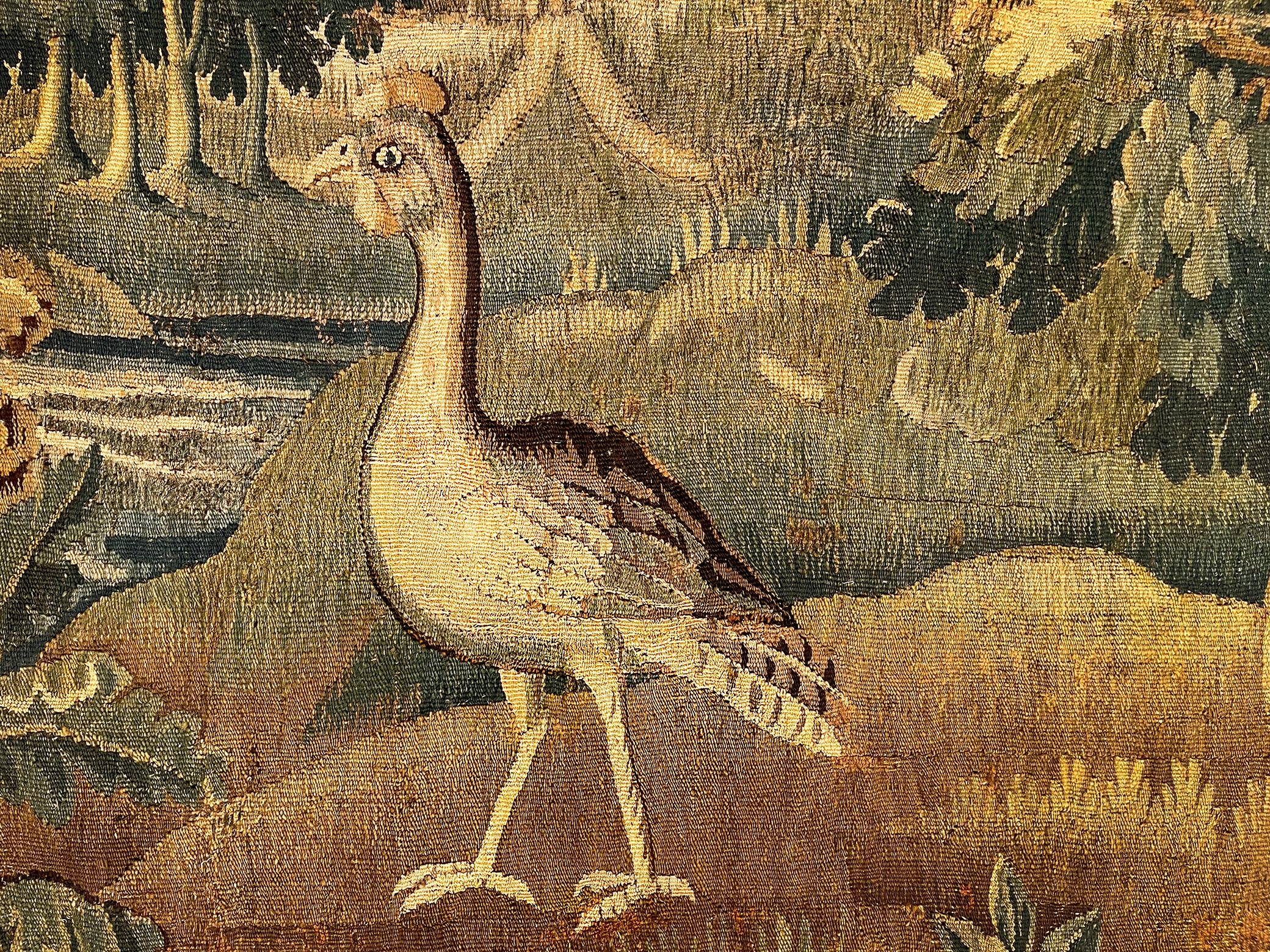 17th Century Antique Flemish Verdure Tapestry w/ Trees & bird For Sale 2