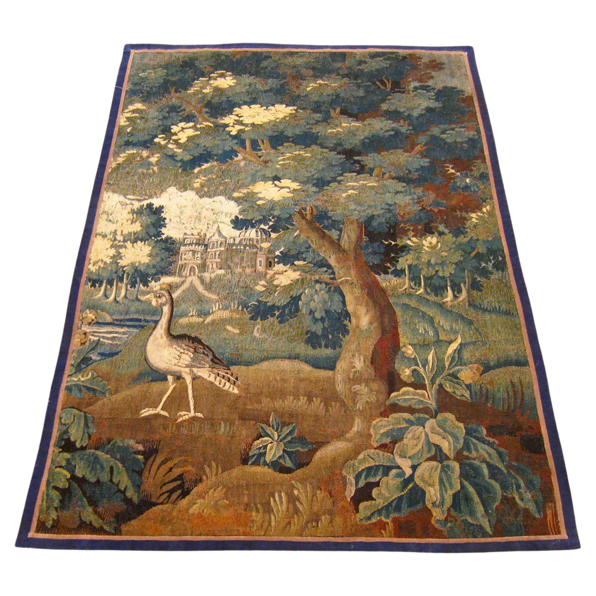 17th Century Antique Flemish Verdure Tapestry w/ Trees & bird For Sale