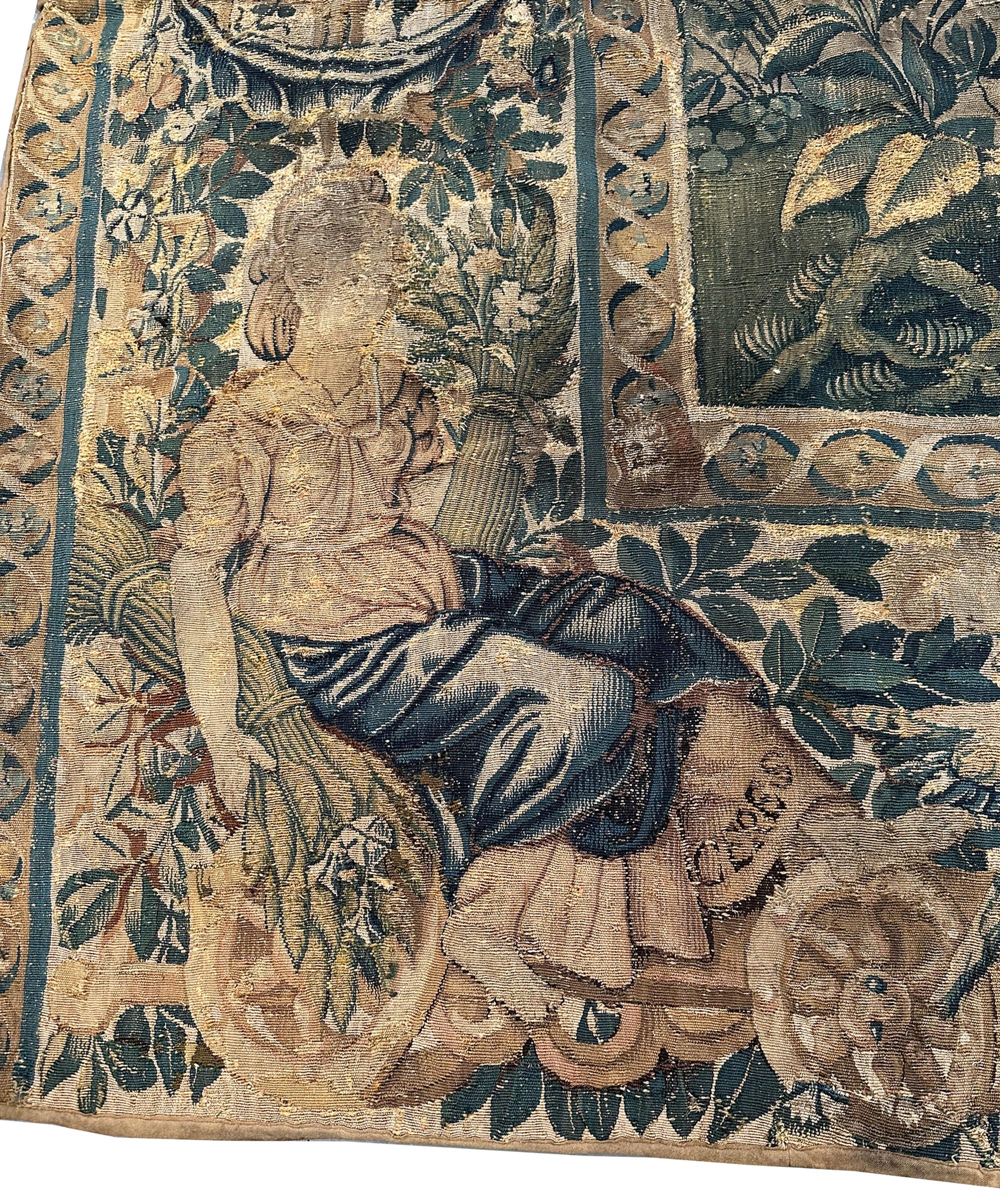 Tapisserie française ancienne du 17ème siècle Verdure laine et fleurs de soie 5x6 en vente 3
