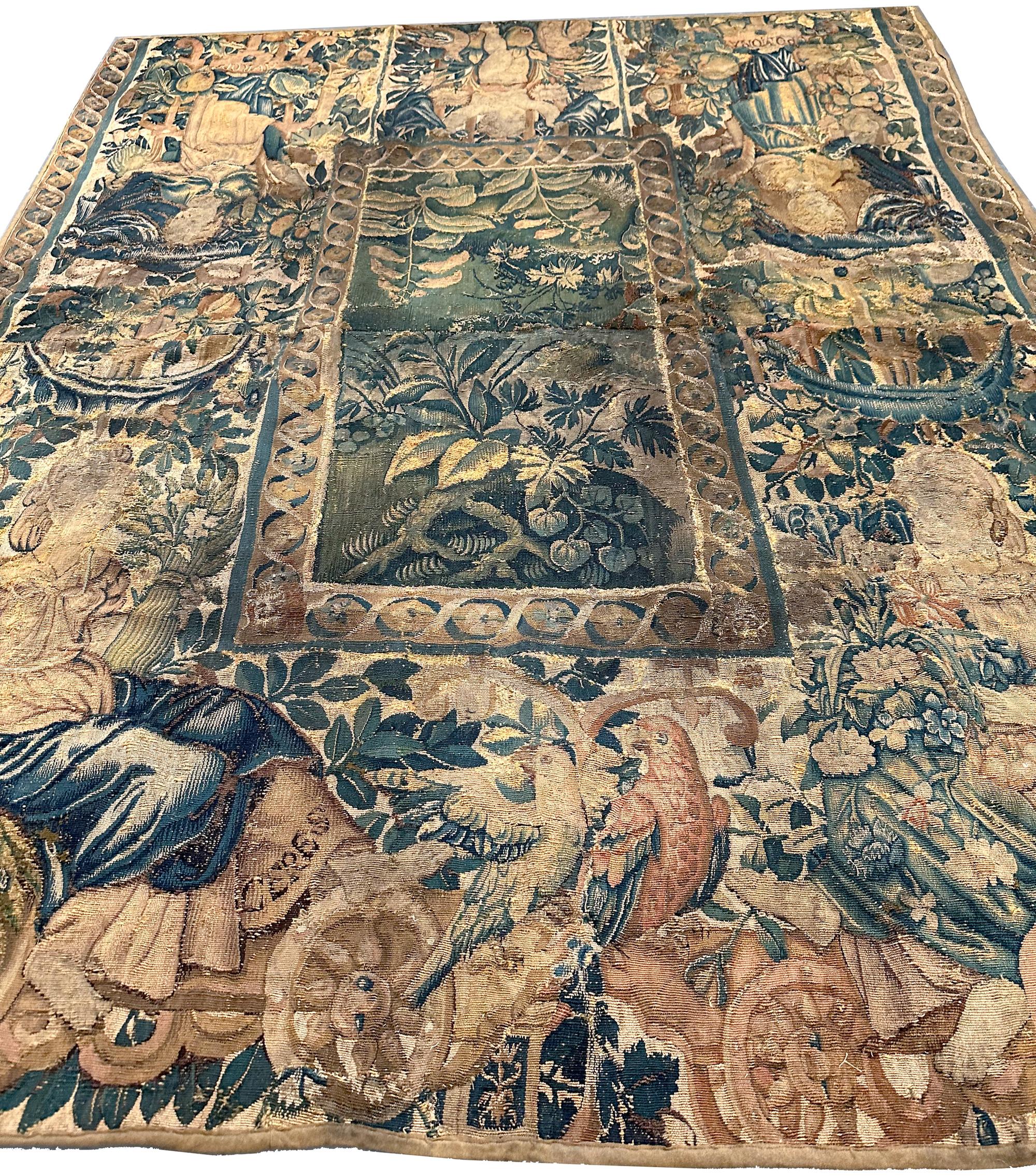 Antiker französischer Wandteppich aus Verdure-Wolle und Seide mit Blumen aus dem 17. Jahrhundert, 5x6 im Angebot 10