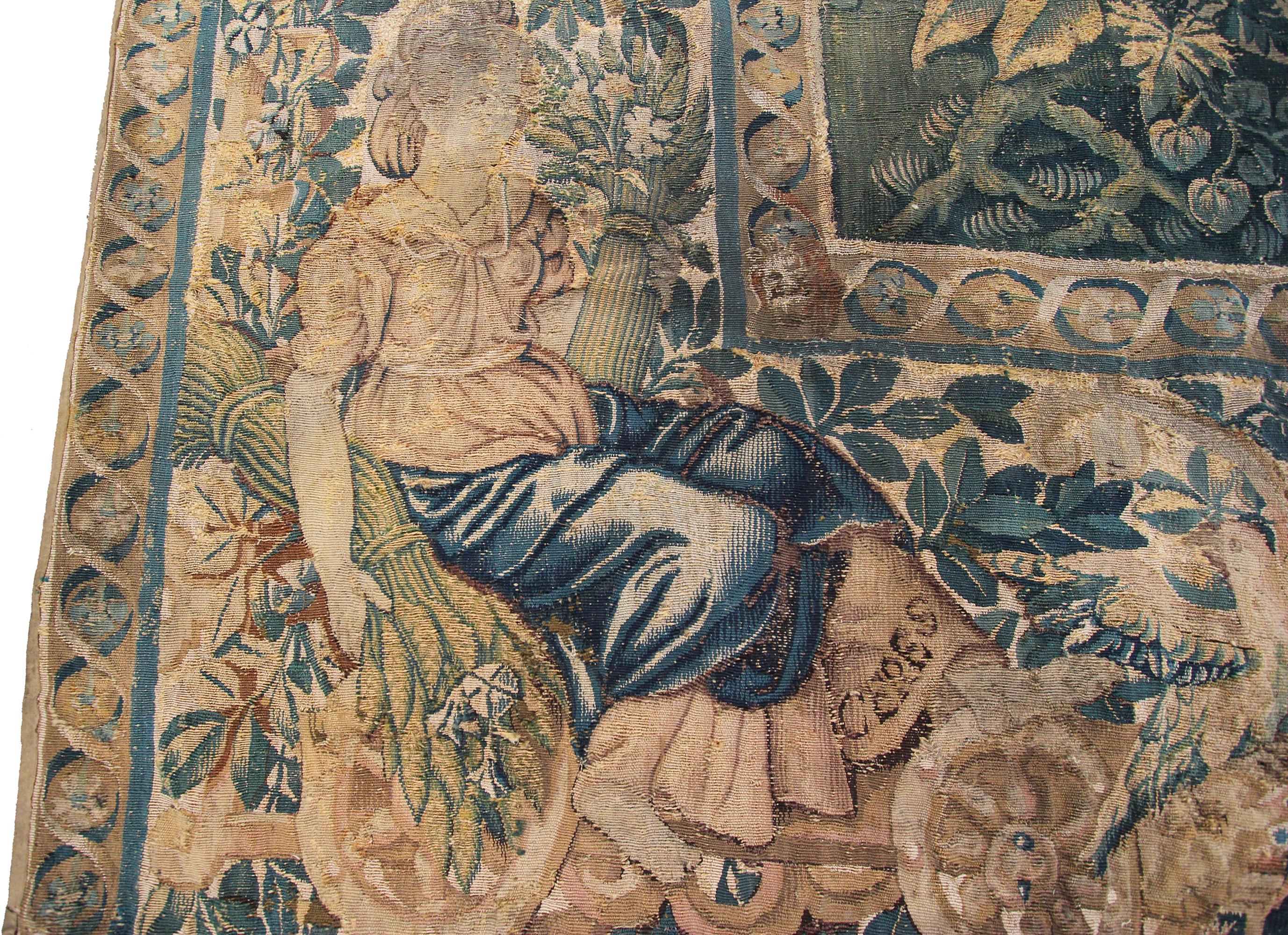 Baroque Tapisserie française ancienne du 17ème siècle Verdure laine et fleurs de soie 5x6 en vente