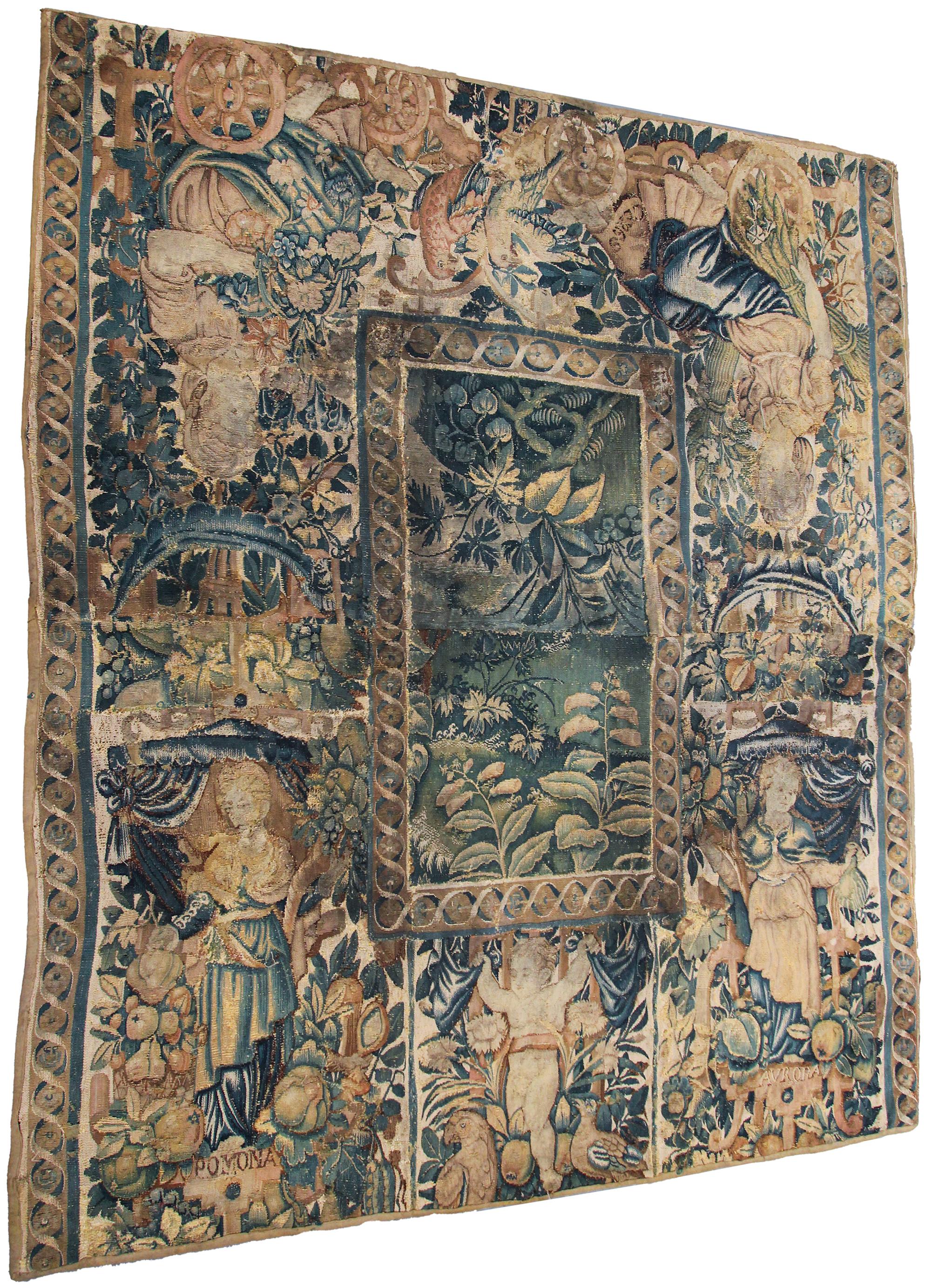 17th Century Antique French Tapestry Verdure Wool & Silk Flowers 5x6 In Good Condition For Sale In New York, NY