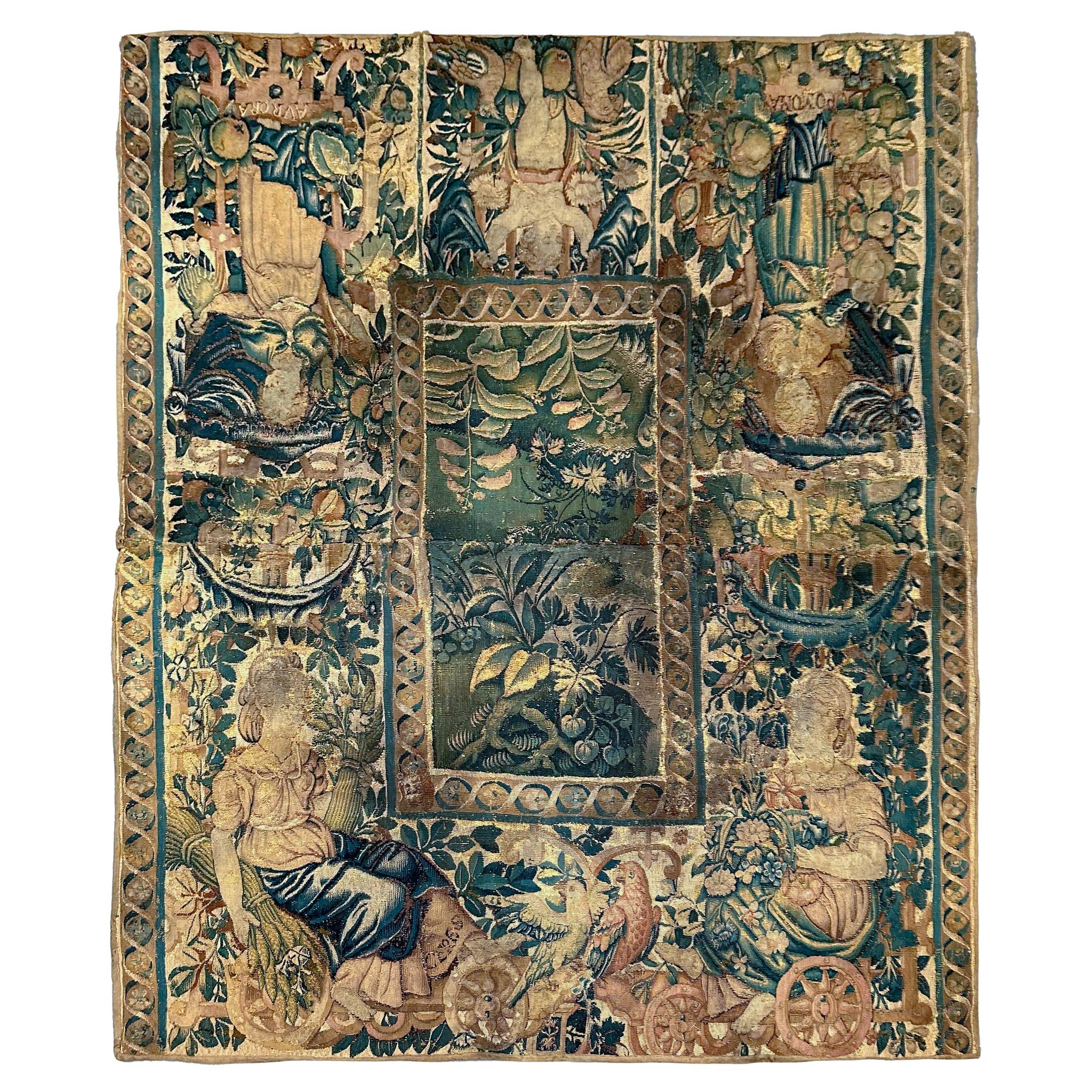 Tapisserie française ancienne du 17ème siècle Verdure laine et fleurs de soie 5x6 en vente