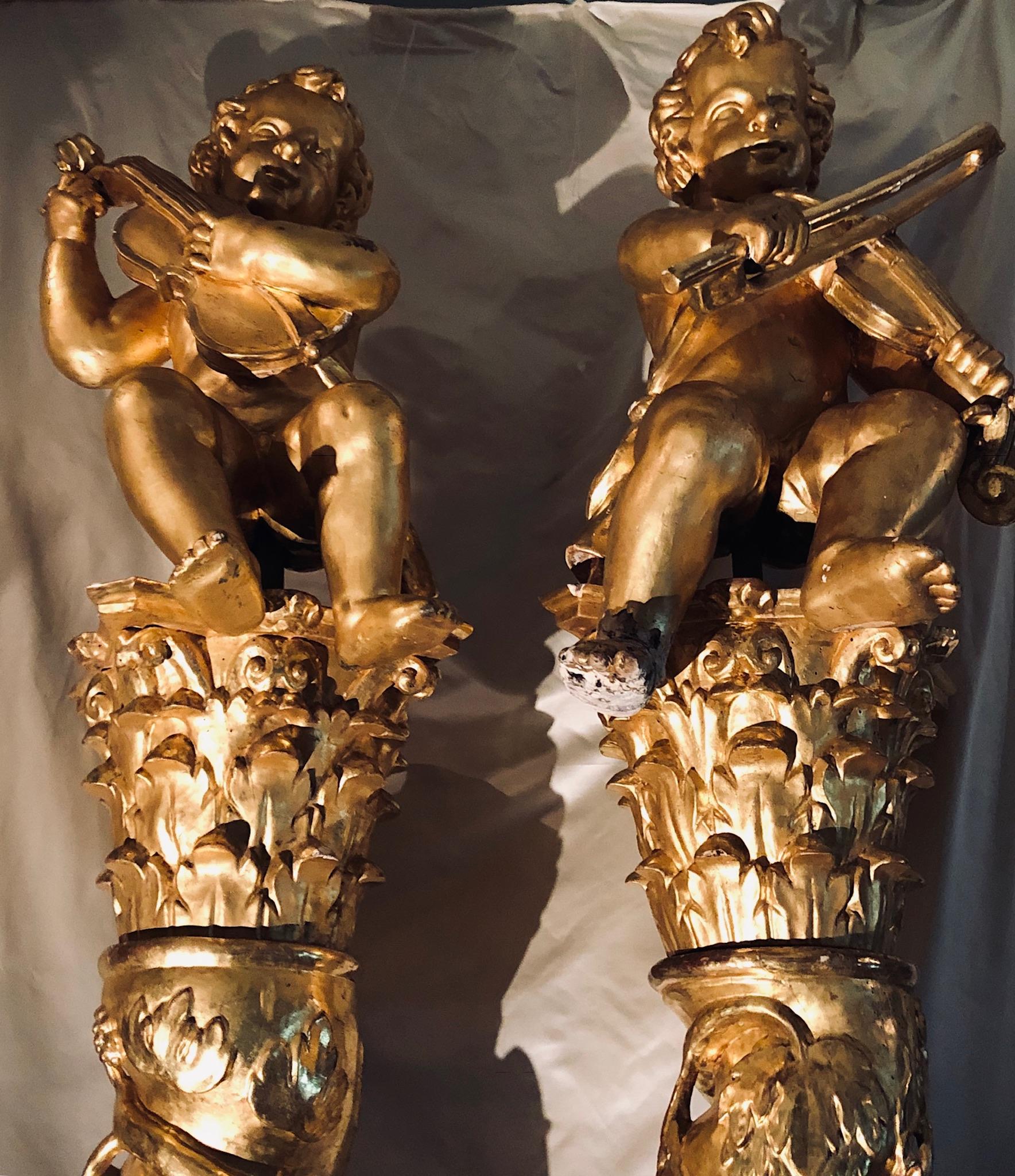 Gilt 17th Century Antique Italian Baroque Solomonic Columns , Musical Puttis 10' Tall For Sale