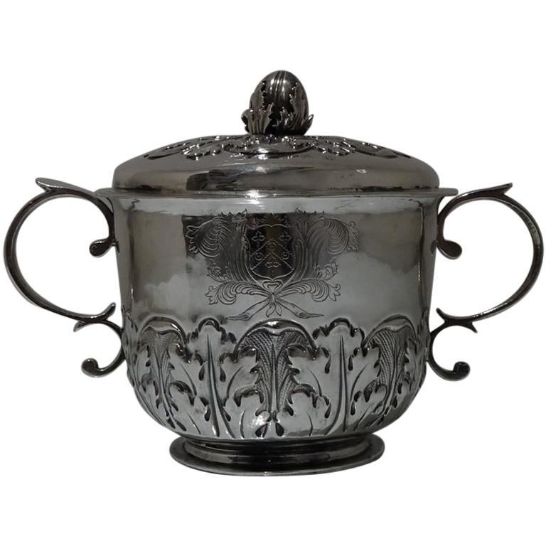 17th Century Antique James II Silver Porringer 
Cover London, 1687 Jos Moore