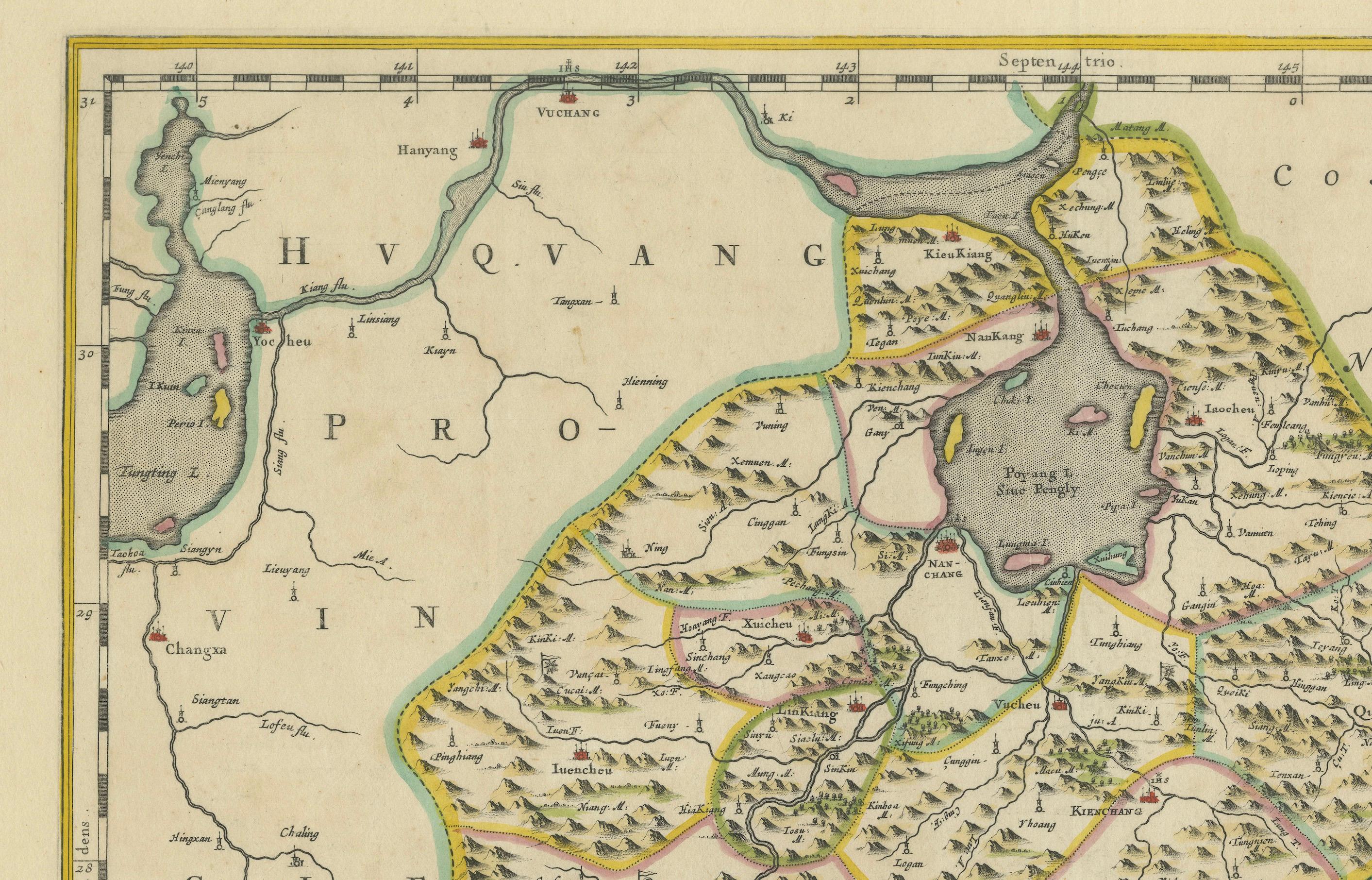Engraved 17th-Century Antique Map of Jiangxi (Kiangsi) Province, China – by Blaeu For Sale