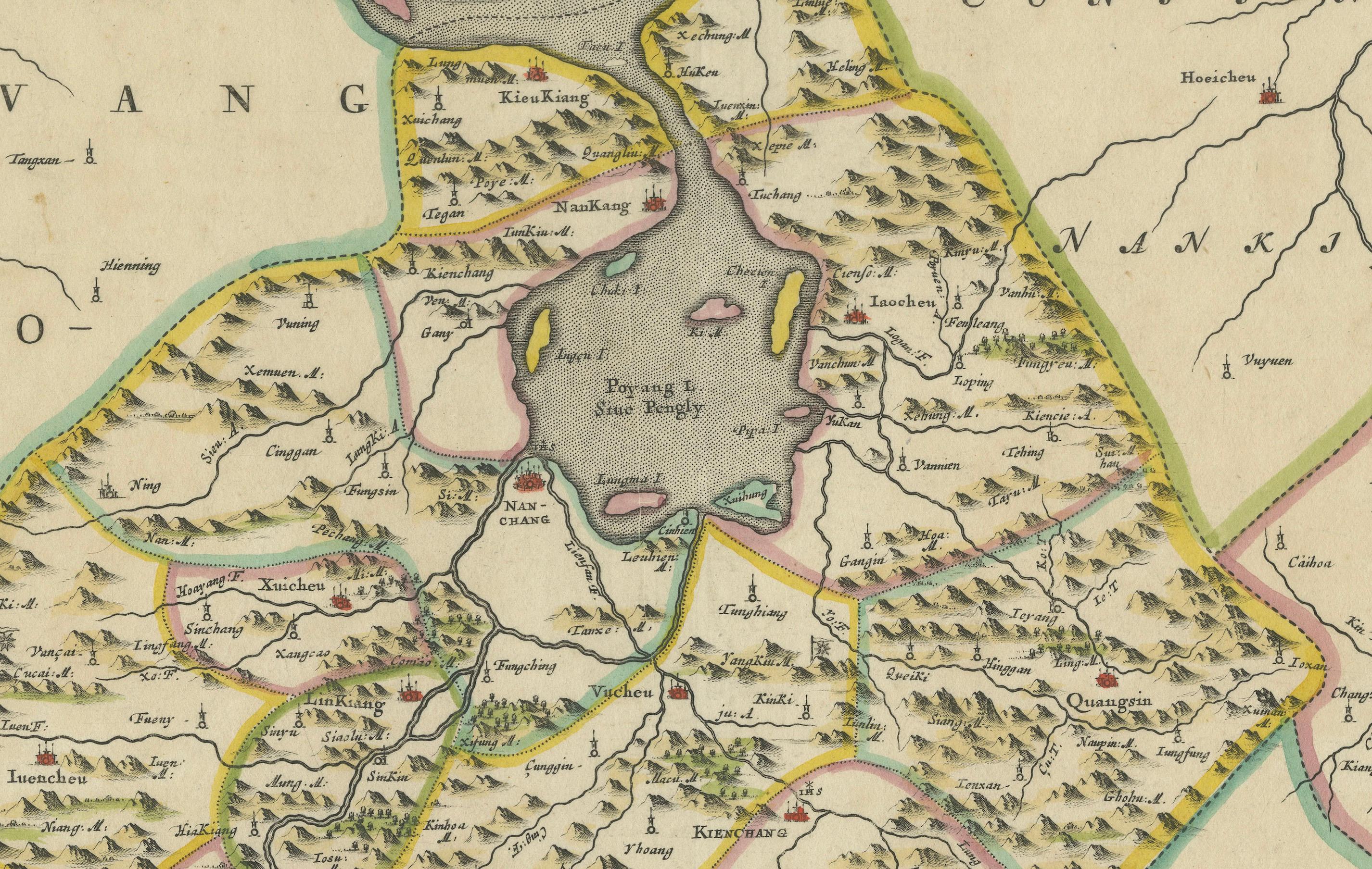 Mid-17th Century 17th-Century Antique Map of Jiangxi (Kiangsi) Province, China – by Blaeu For Sale