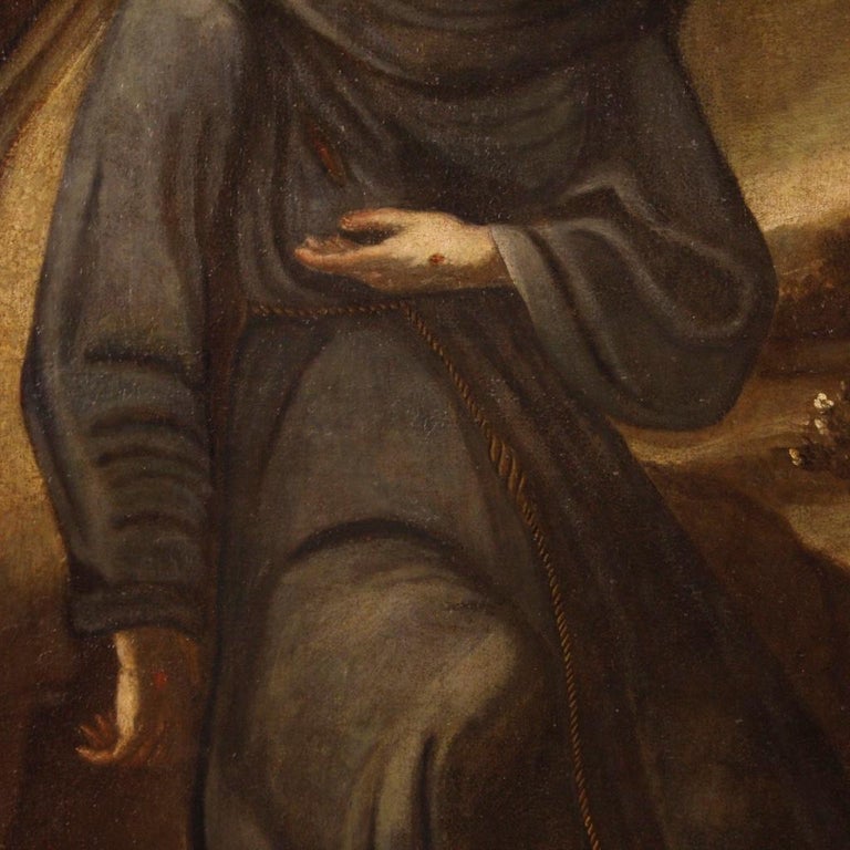 17th Century Oil On Canvas Spanish Religious Painting St. Francis With Angel For Sale at 1stDibs