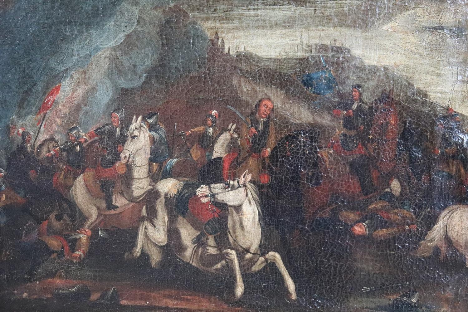 17th Century Antique Oil Painting on Canvas Battle with Men on Horseback For Sale 4