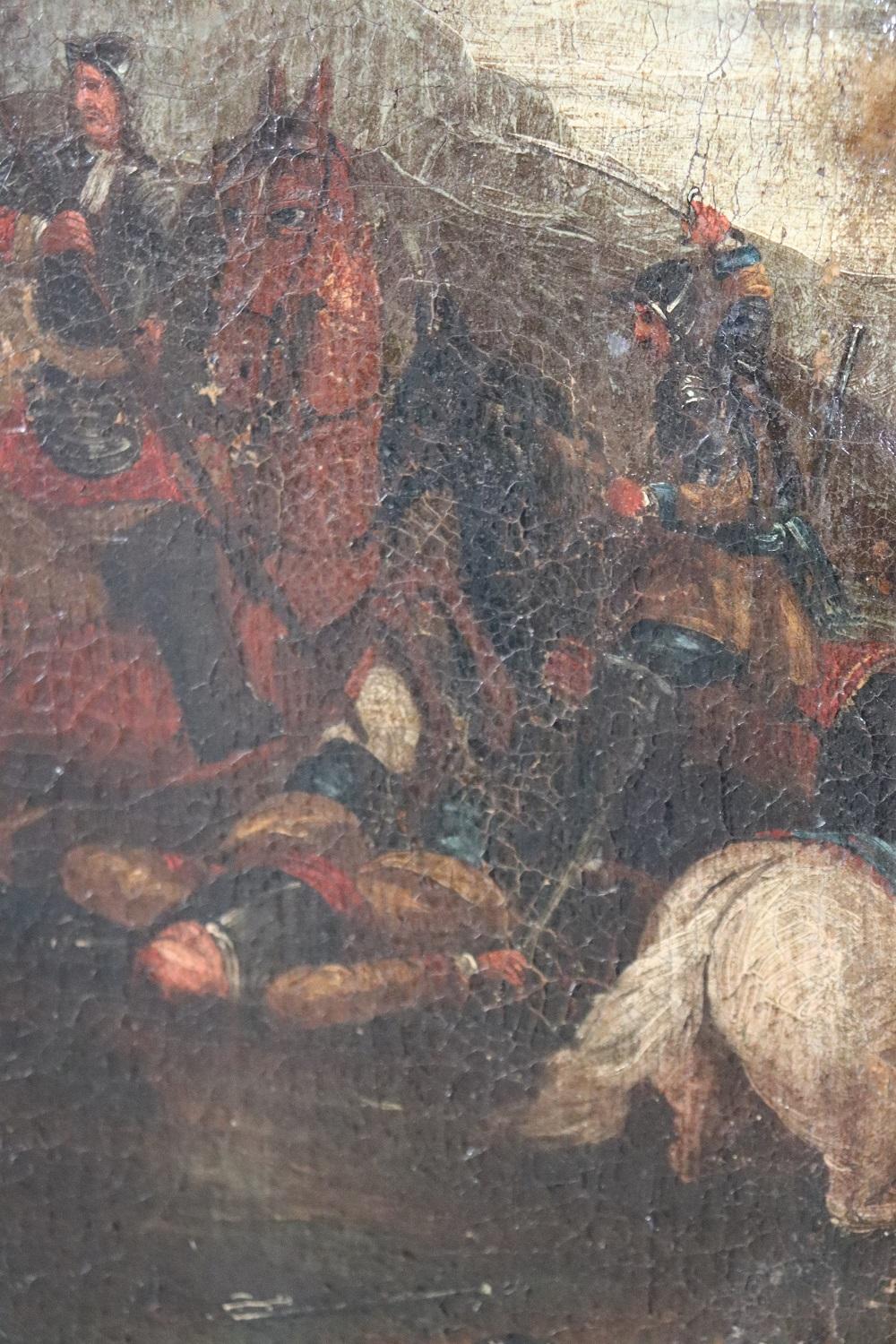Antikes Ölgemälde auf Leinwand, 17. Jahrhundert, Schlacht mit Männern auf Pferd (Italienisch) im Angebot