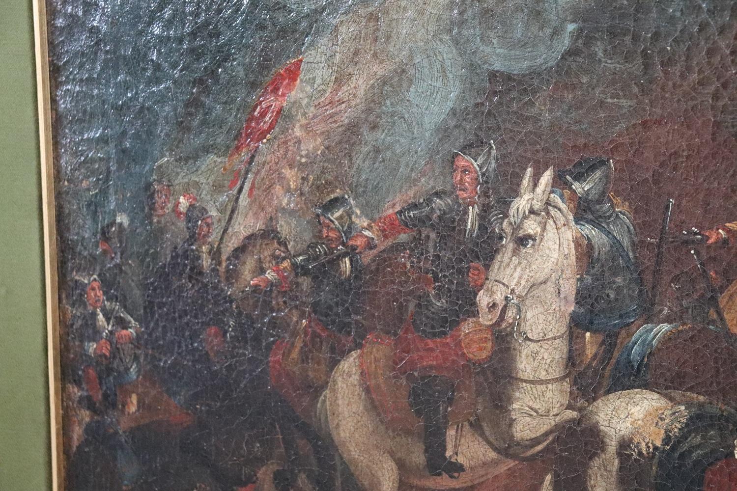 Oiled 17th Century Antique Oil Painting on Canvas Battle with Men on Horseback For Sale