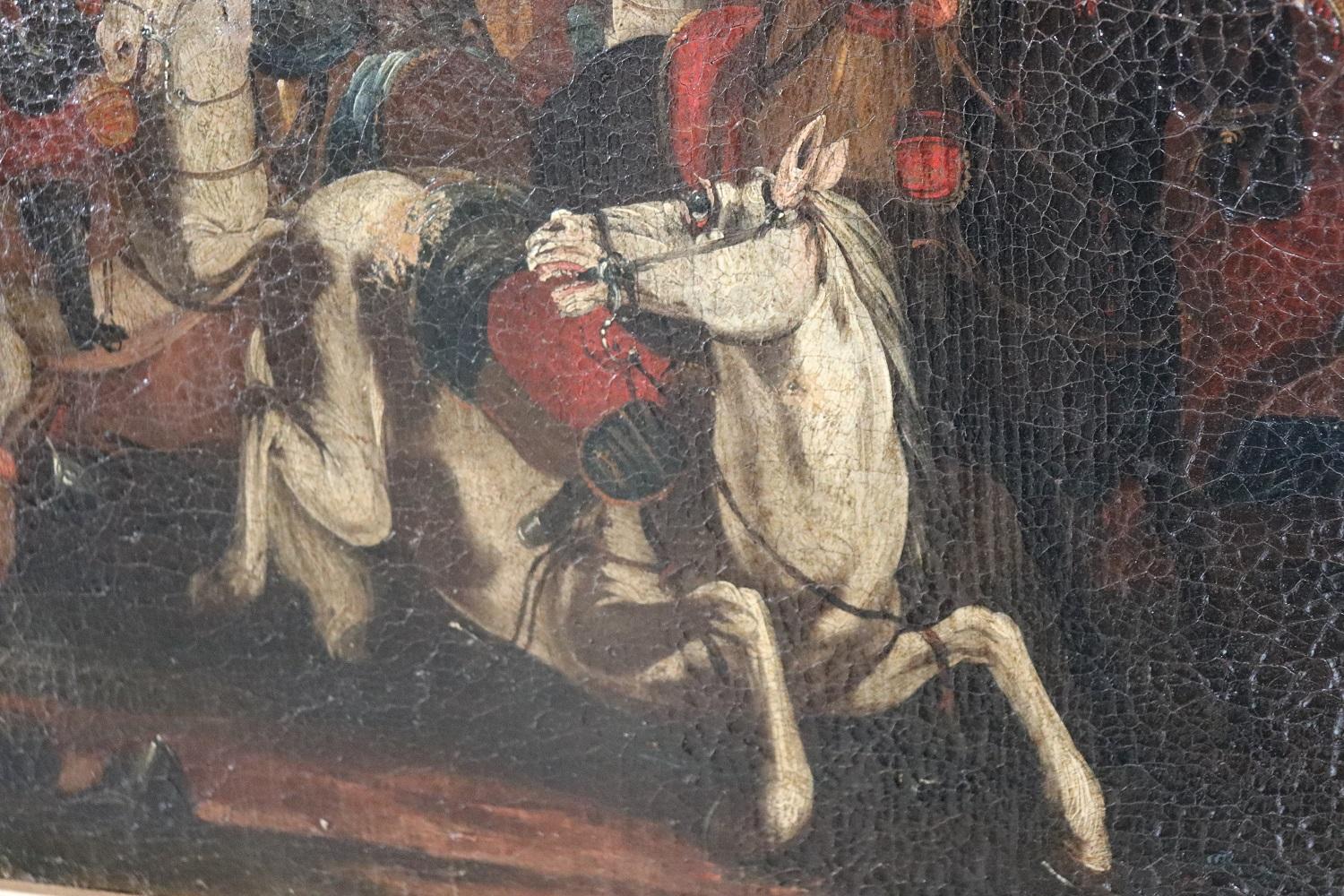 Antikes Ölgemälde auf Leinwand, 17. Jahrhundert, Schlacht mit Männern auf Pferd (Mitte 17. Jahrhundert) im Angebot