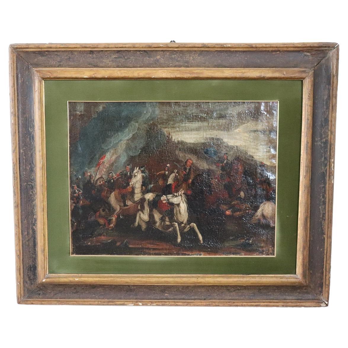 Peinture à l'huile ancienne sur toile du 17ème siècle représentant une bataille avec des hommes à cheval