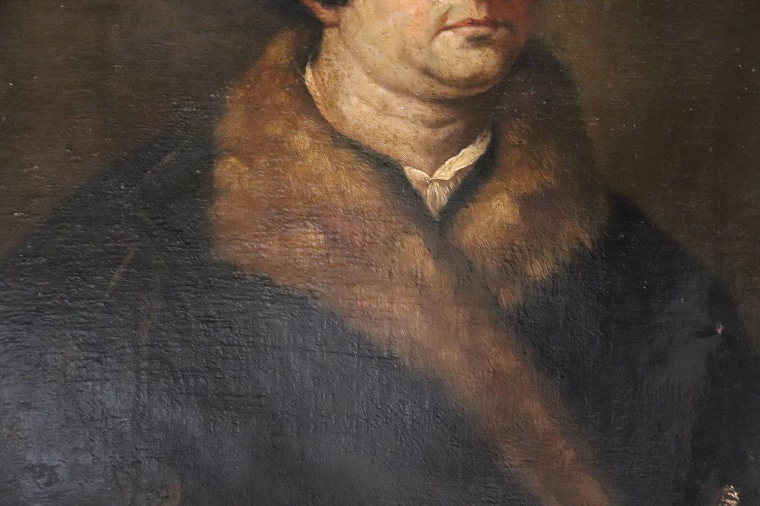 Dutch 17th Century Antique Oil Painting on Canvas Portrait of a Gentleman with Fur For Sale