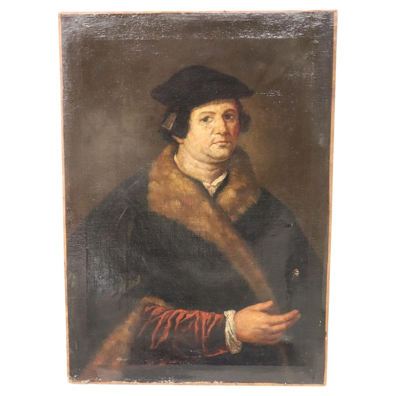 Peinture à l'huile ancienne sur toile du 17e siècle Portrait d'un gentilhomme avec fourrure