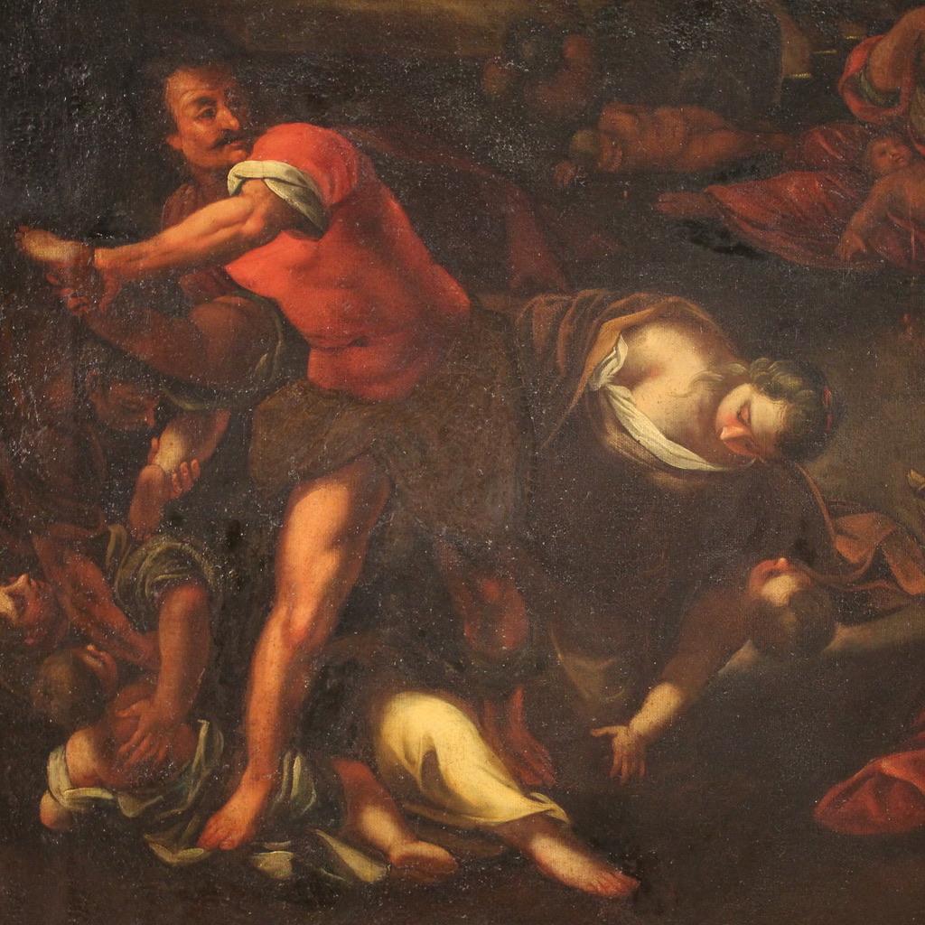 17th century Antique Religious Oil Painting The Massacre of the Innocents in vendita 7