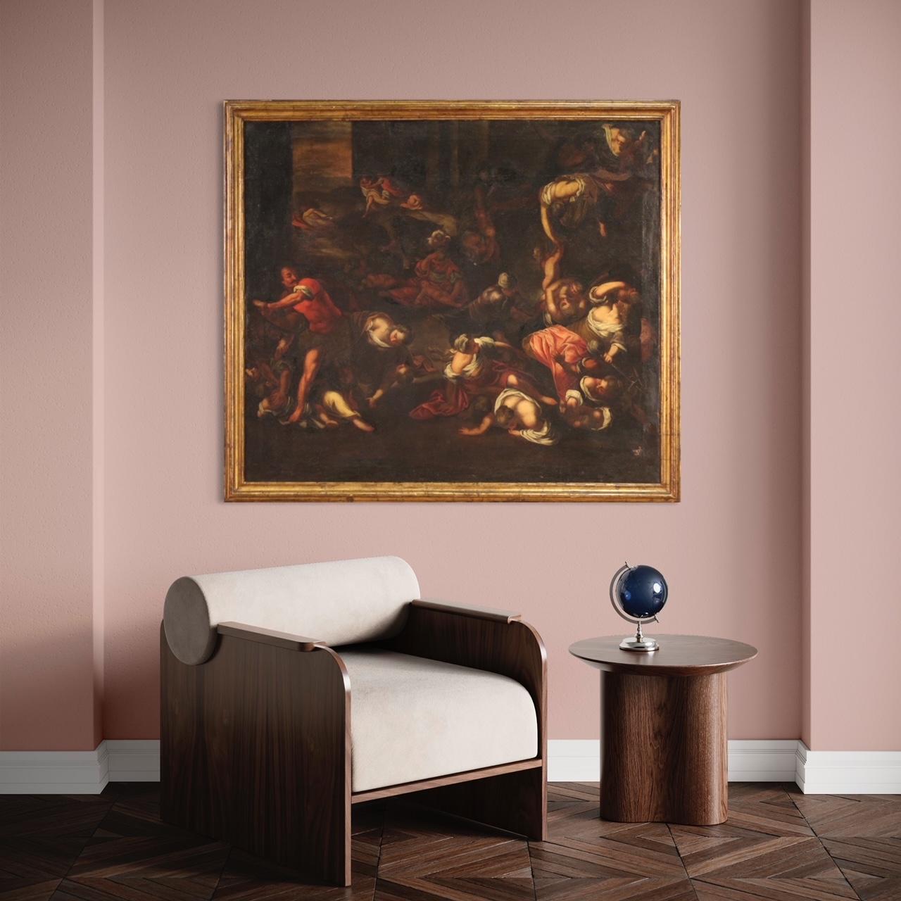 Italian 17th century Antique Religious Oil Painting The Massacre of the Innocents in vendita