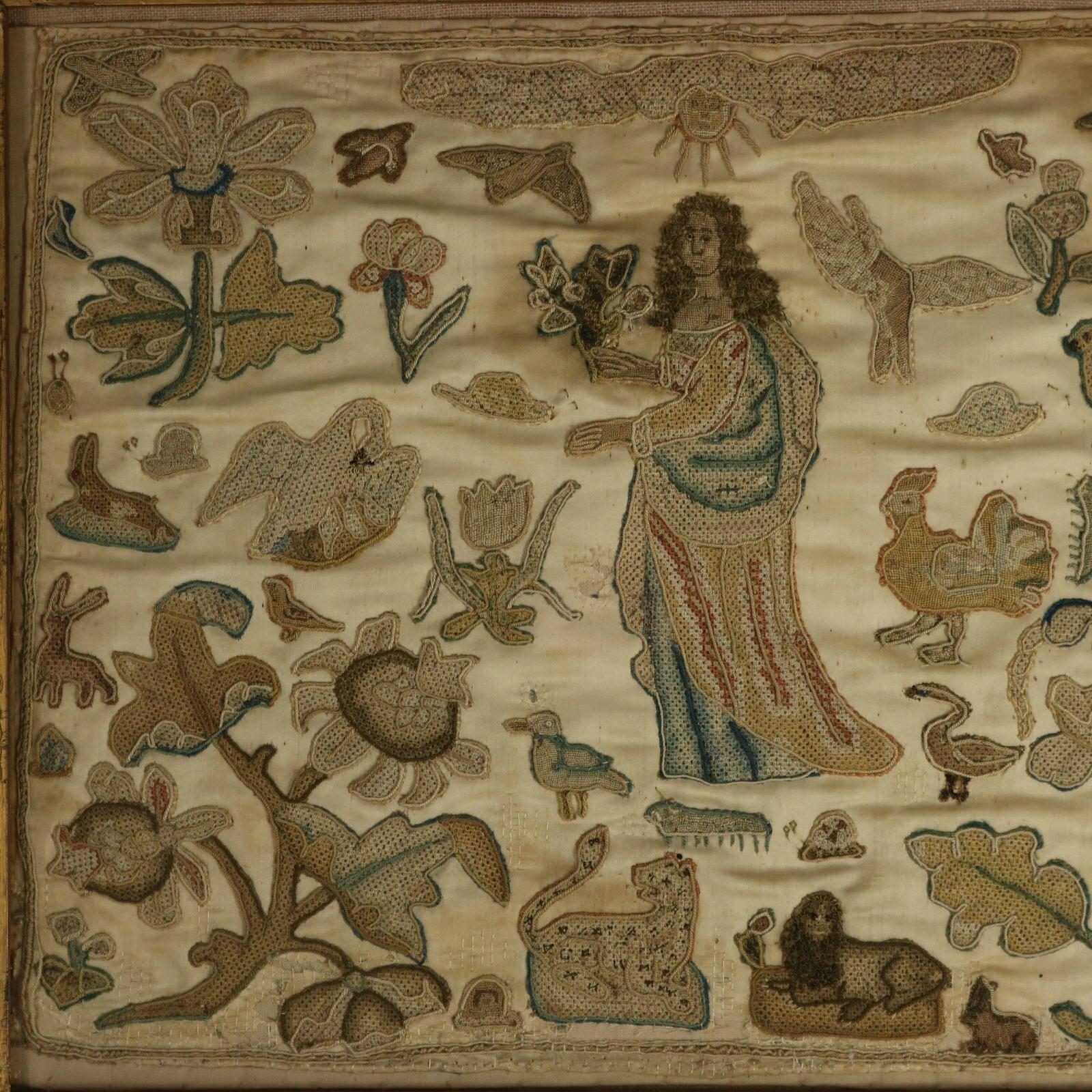 17th Century Antique Silkwork Applique. The applique has hand-stitched silkwork slips/motifs, sewn onto a silk ground. These decorative elements were embroidered separately before being cut out and affixed to the main fabric, creating a richly