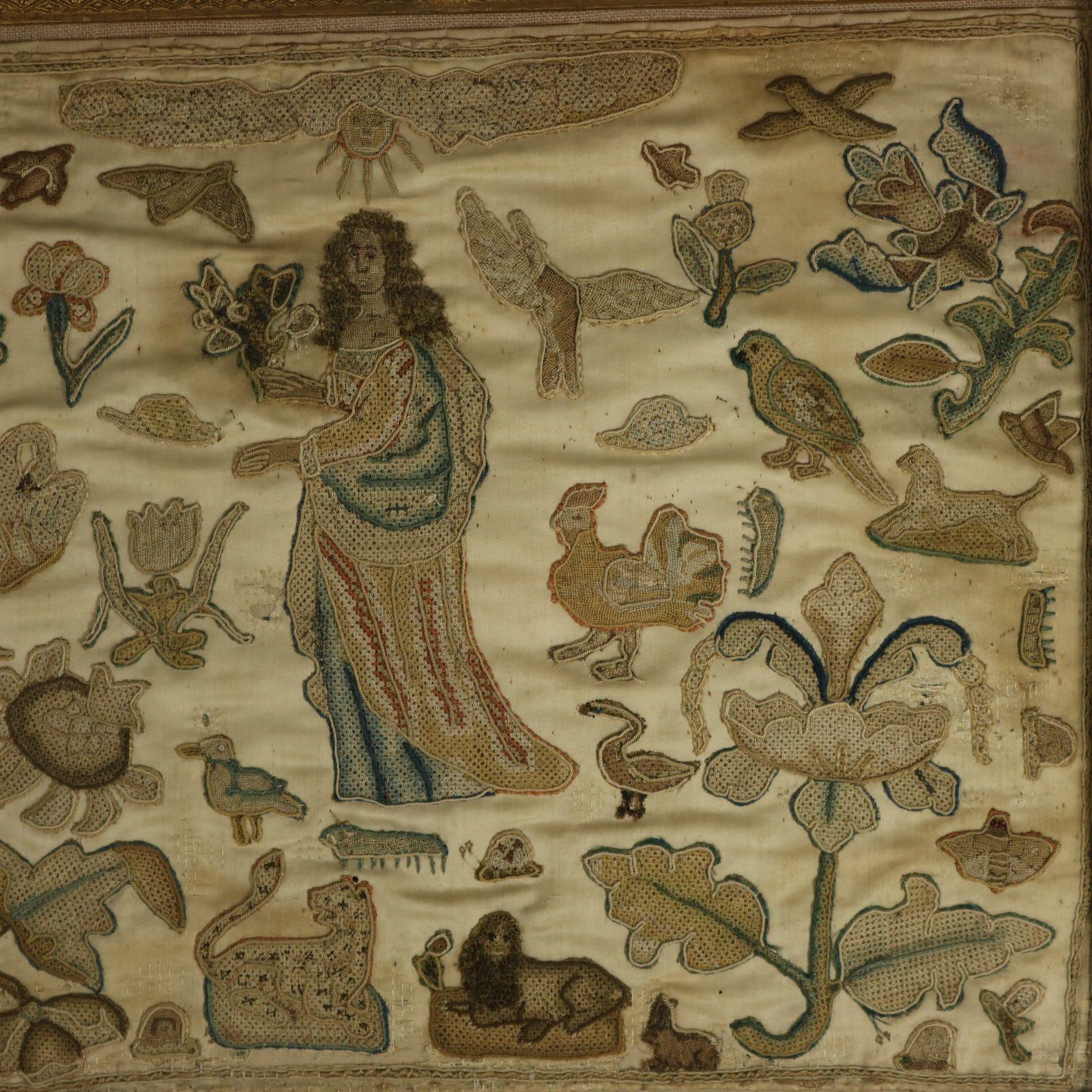 17th Century Antique Silkwork Applique Picture In Fair Condition For Sale In Chelmsford, Essex