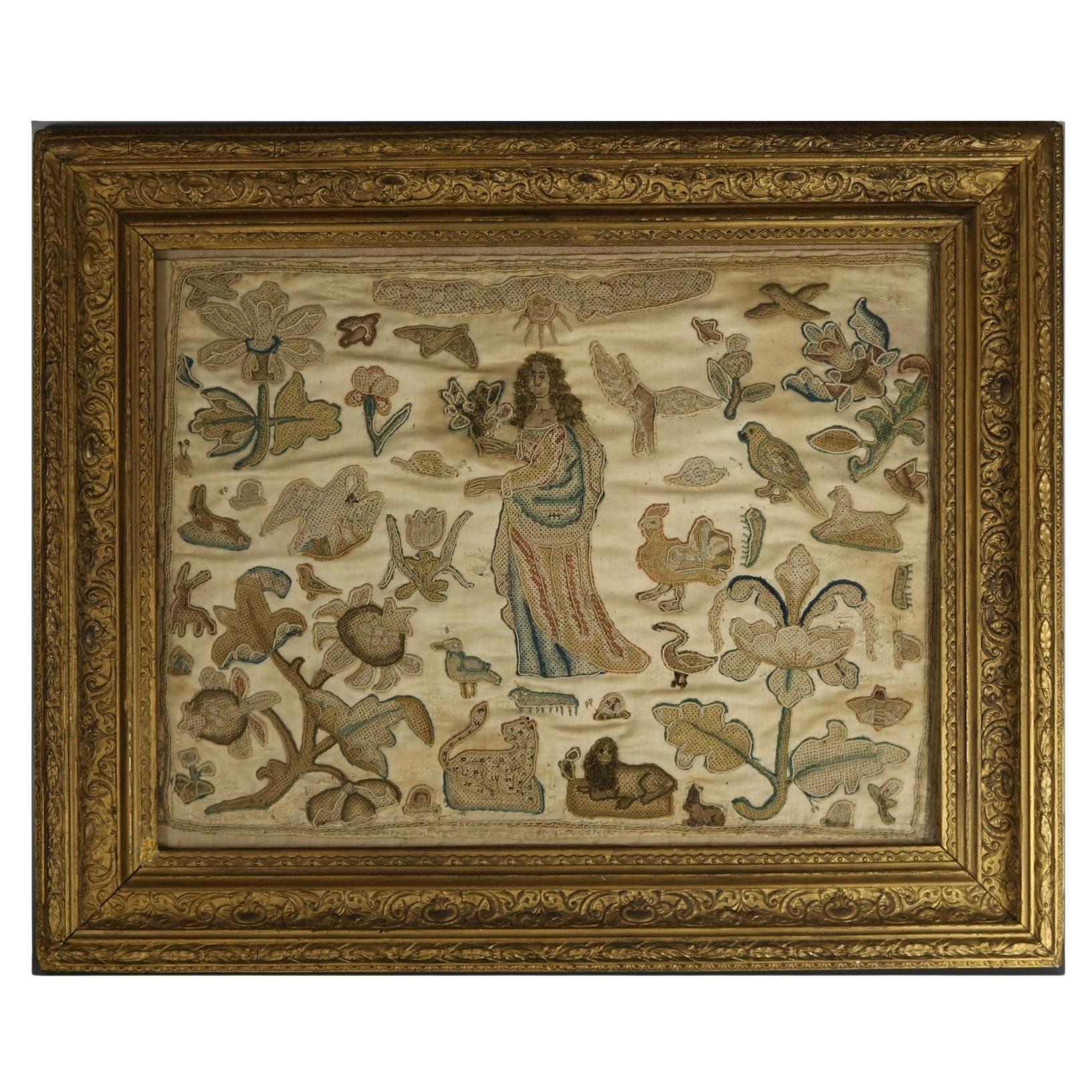 17th Century Antique Silkwork Applique Picture For Sale