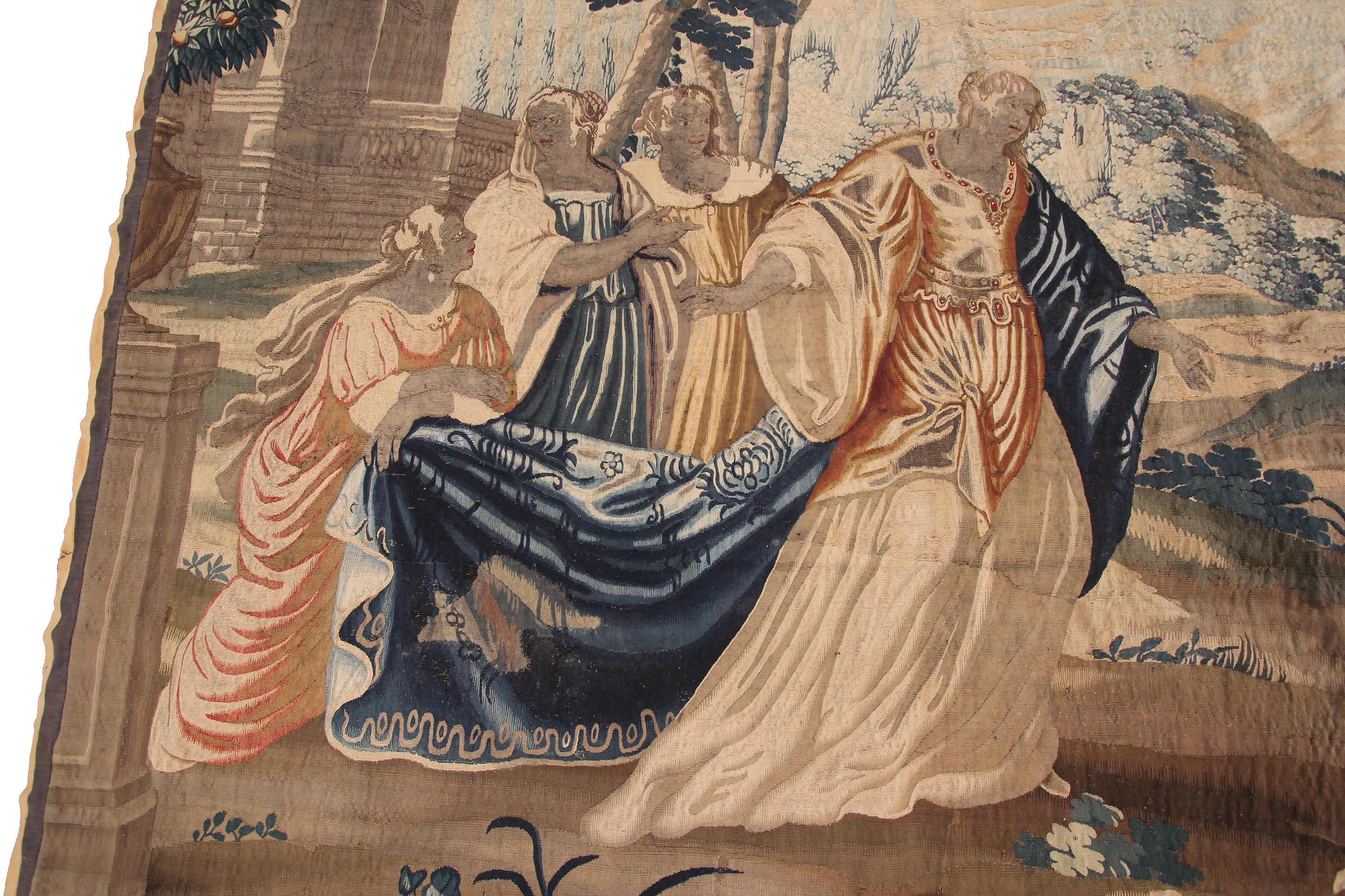 Hand-Woven 6x10 17th Century Antique Tapestry Large Antique French Tapestry Wool & Silk For Sale