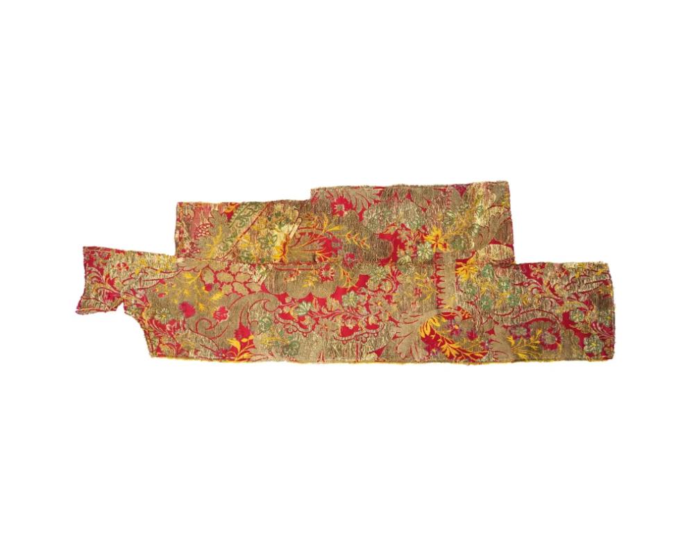 An antique Turkish Ottoman hand woven textile with an intricate floral and foliage ornament, dominated by warm tones of red and gold, circa 17th century. An antique Oriental Islamic Home Decor, Turkish Textiles and Bed Linen, Interior Design, and