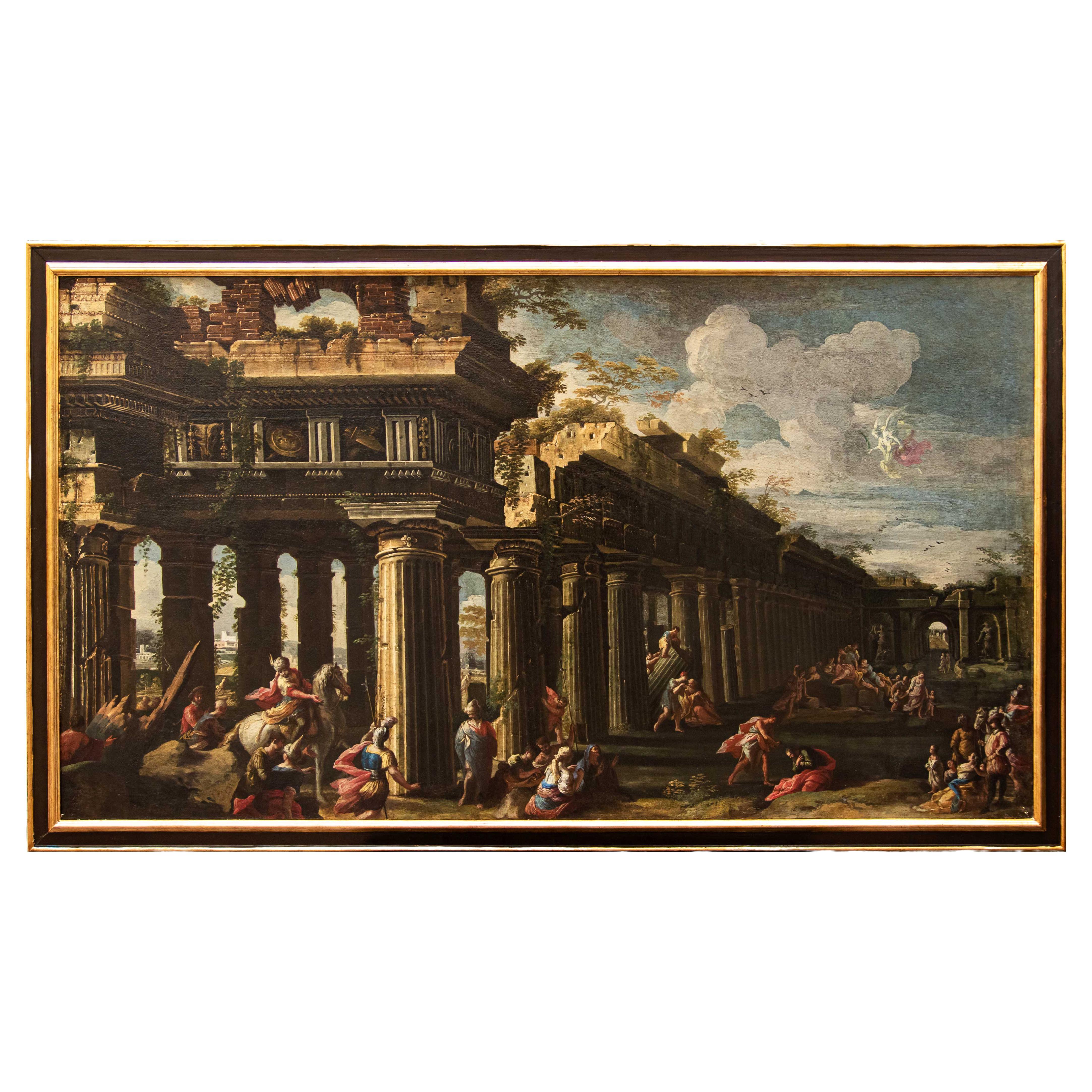 17th Century Architectural Capriccio Painting Ascanio Luciano Oil on Canvas