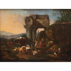 17th Century Architectural Capriccio with Herds Painting Oil on Canvas