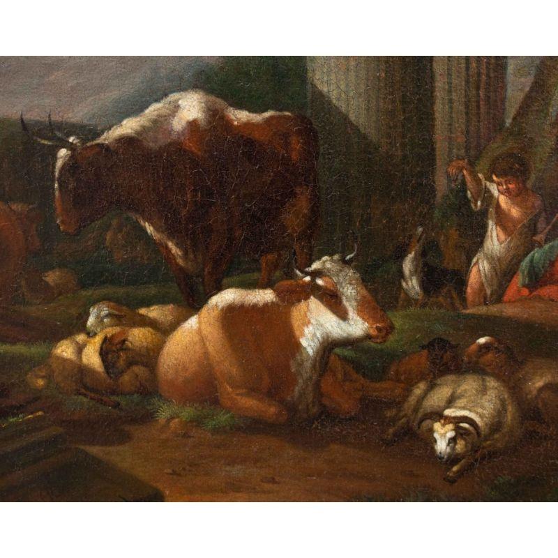 Architektonisches Capriccio des 17. Jahrhunderts mit Herden, Gemälde Öl auf Leinwand (Niederländisch) im Angebot