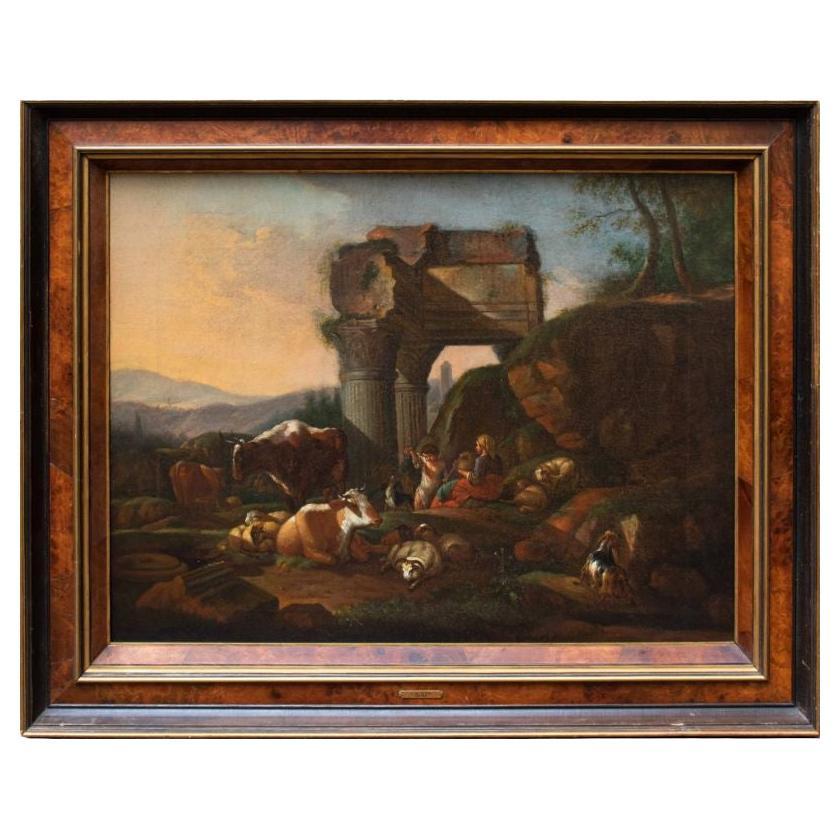 17th Century Architectural Capriccio with Herds Painting Oil on Canvas For Sale