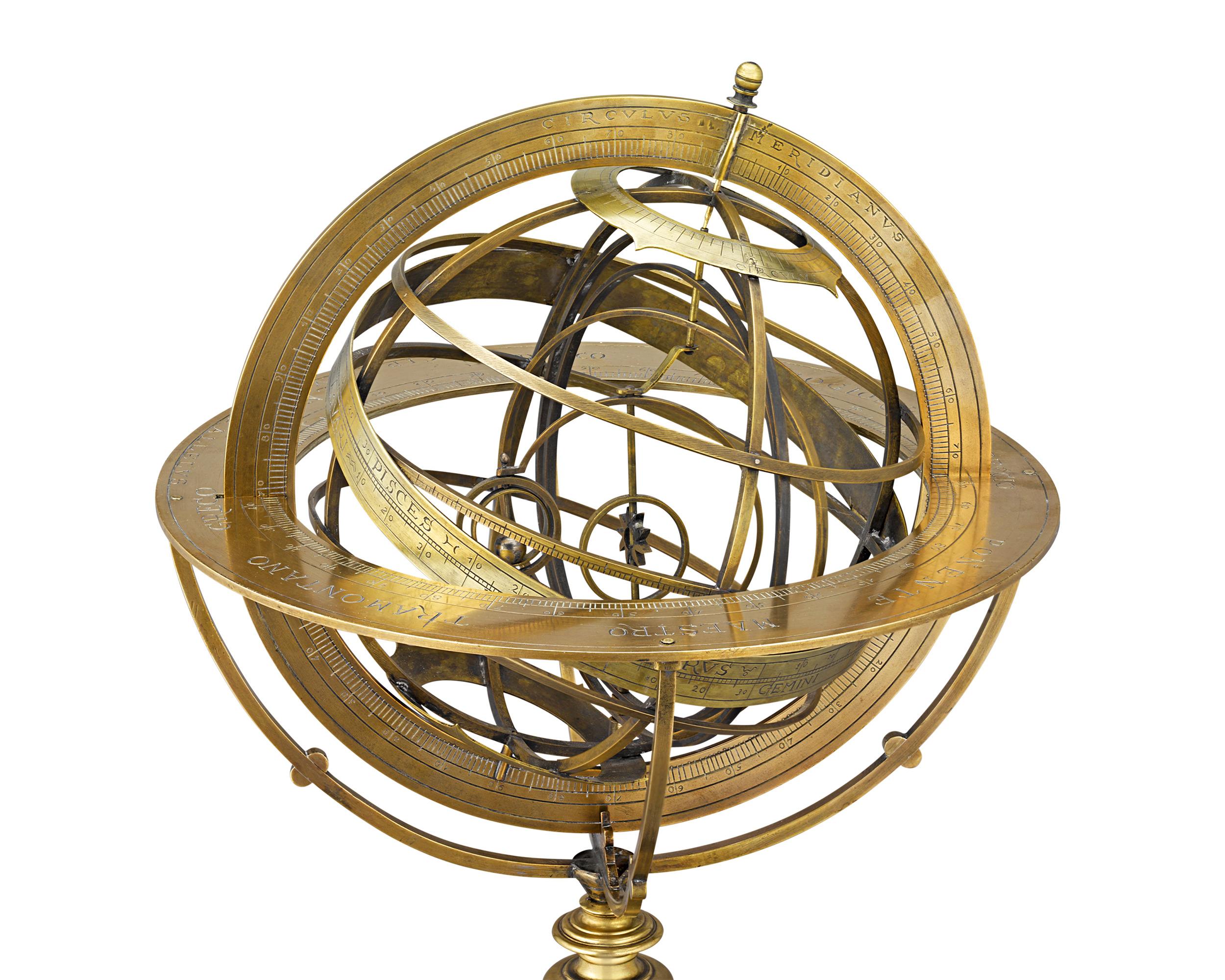 This exceptional Italian brass armillary sphere dates to the 17th century - exceedingly rare for an armillary sphere of this size. Though other armillary spheres were often constructed based on Ptolemaic theories of a geocentric universe, the