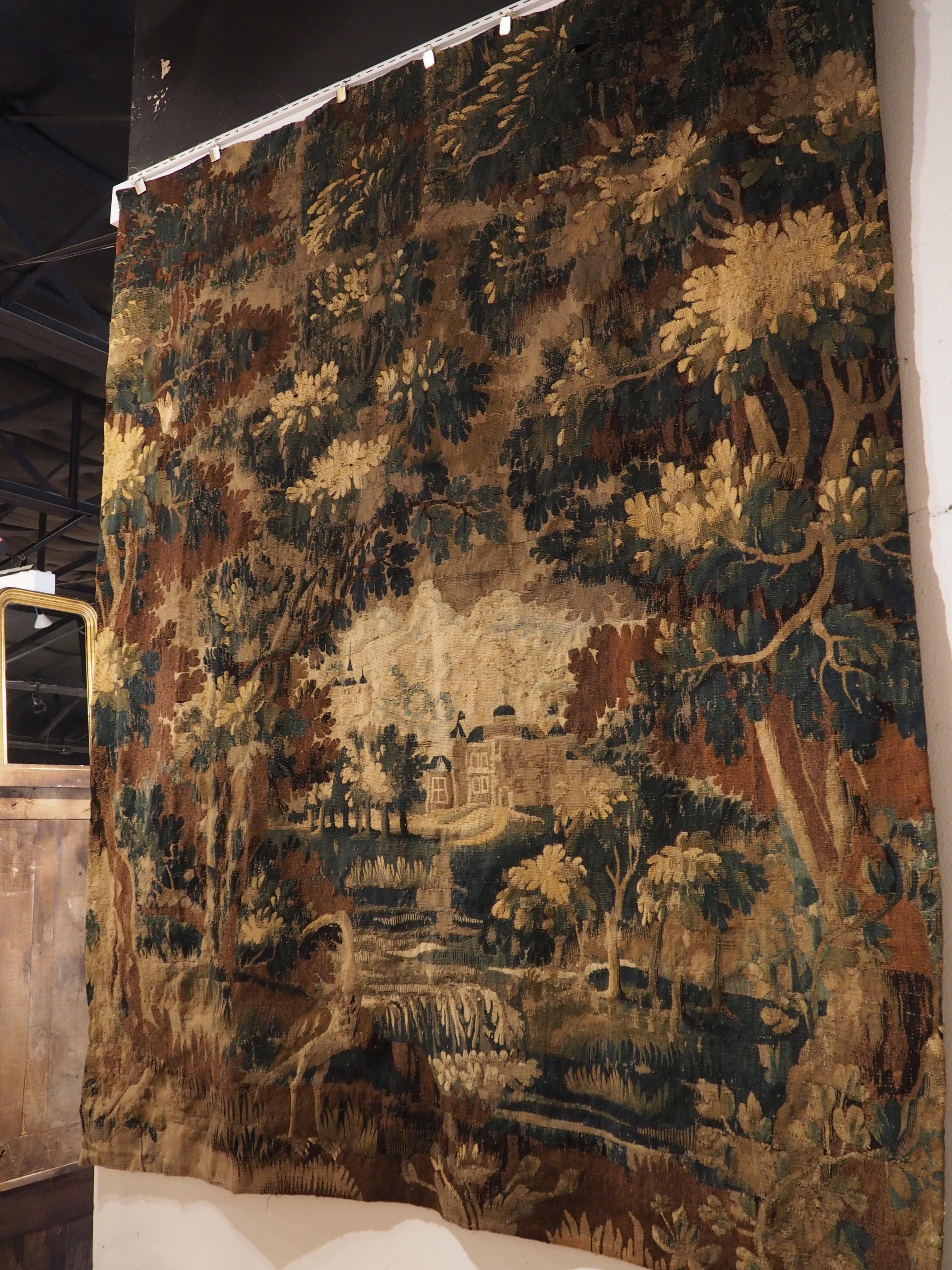 17th Century Aubusson Verdure Tapestry with Heavily Wooded Château Scene 10