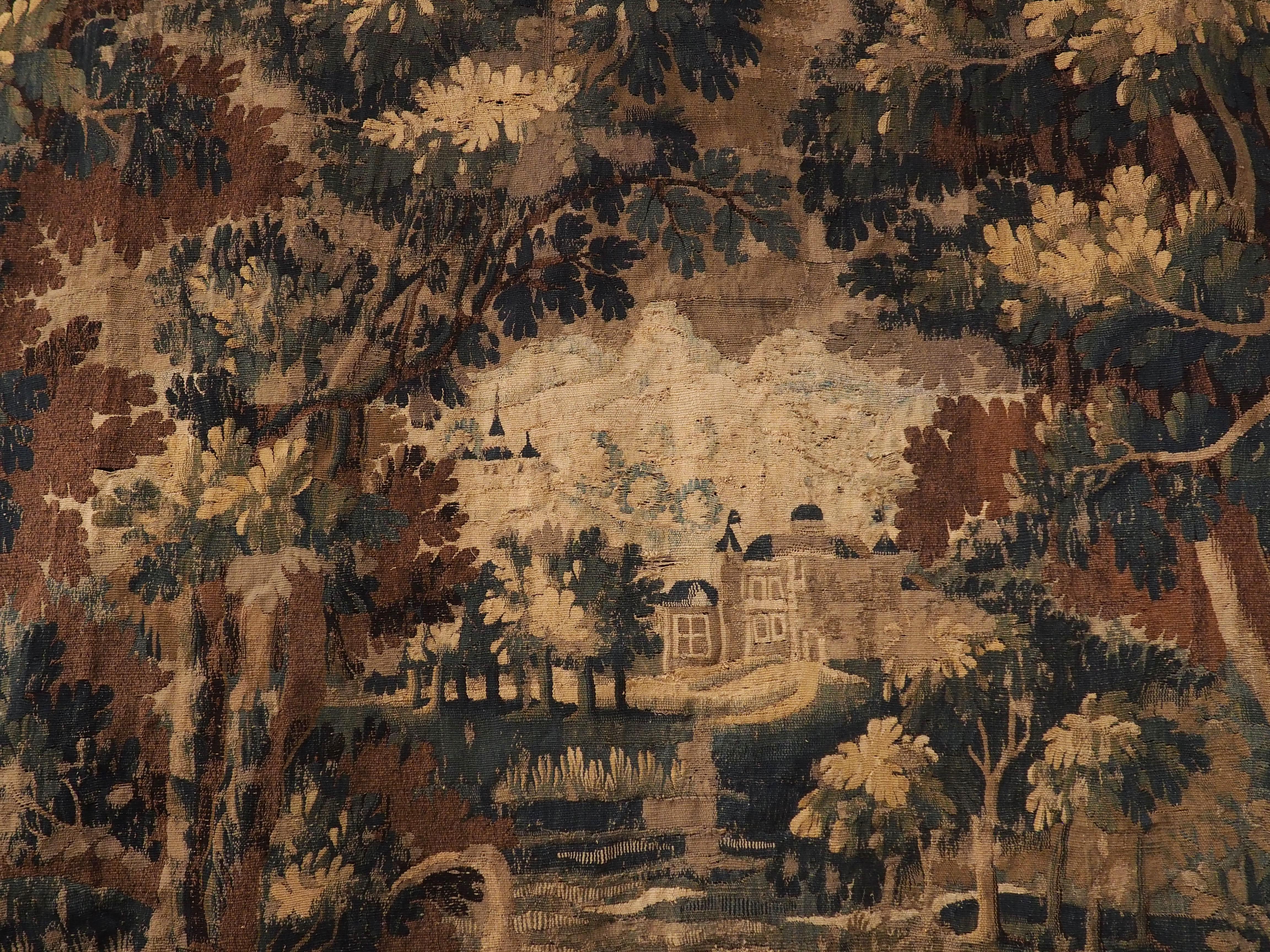 17th Century Aubusson Verdure Tapestry with Heavily Wooded Château Scene 11